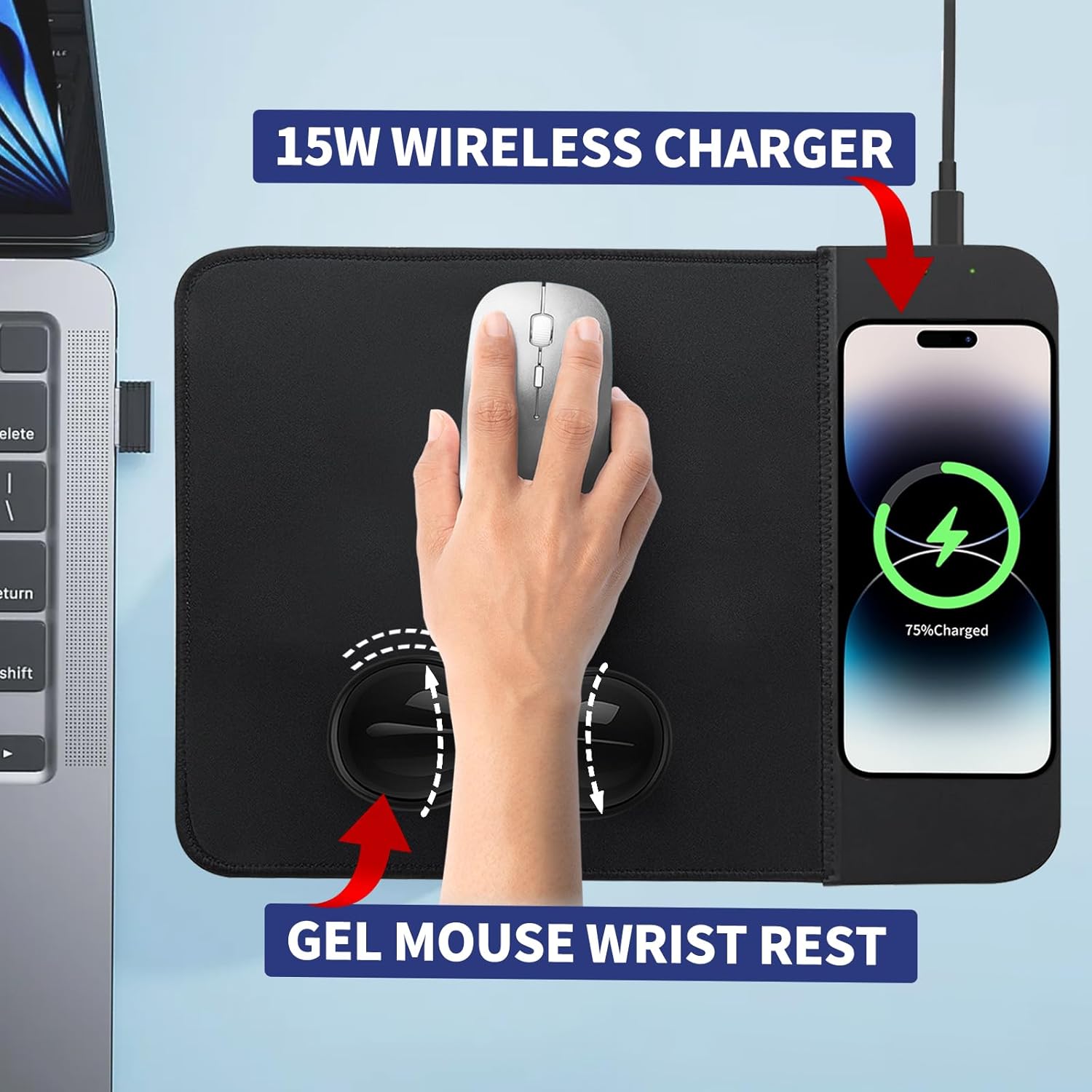 Portable Mouse Pad (8.66"x11.8") with 15W Wireless Charging and Gel Wrist Rest - Foldable Travel Desk Mat Compatible with iPhone/Samsung