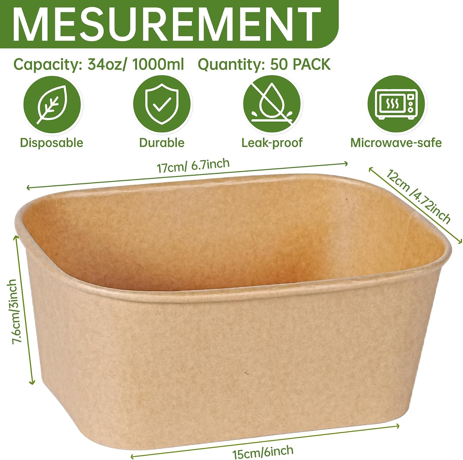 PakTalk 34 oz Disposable Kraft Paper Bowls, 50 Pack image 3