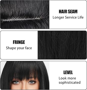 Black Straight Bob Wig with Flat Bangs for Women - Synthetic Hair Cosplay Halloween Fancy Dress