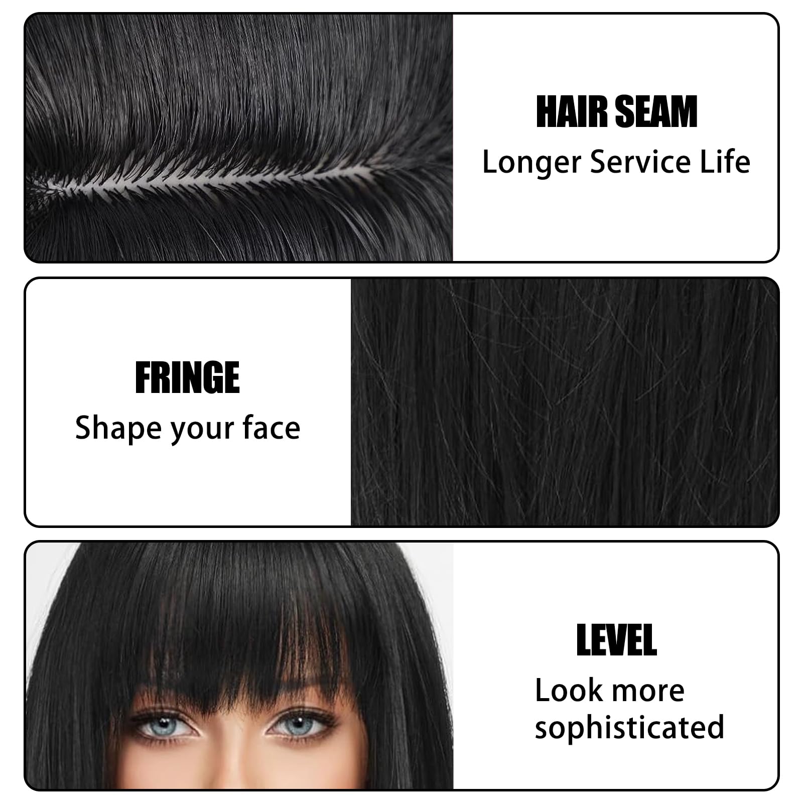 Black Straight Bob Wig with Flat Bangs for Women - Synthetic Hair Cosplay Halloween Fancy Dress - Image 2
