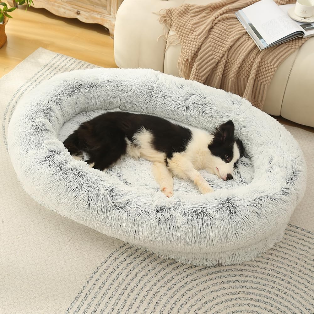 Glow Pups Dog Bed Ultra-Soft Faux Fur Calming Comfort, Memory Foam, Nesting Bolster, Removable Fur Cover, Non-Slip Base, Machine Washable, Deep Sleep Bed, Light Grey (35.4 X 25.6 X 7.9)