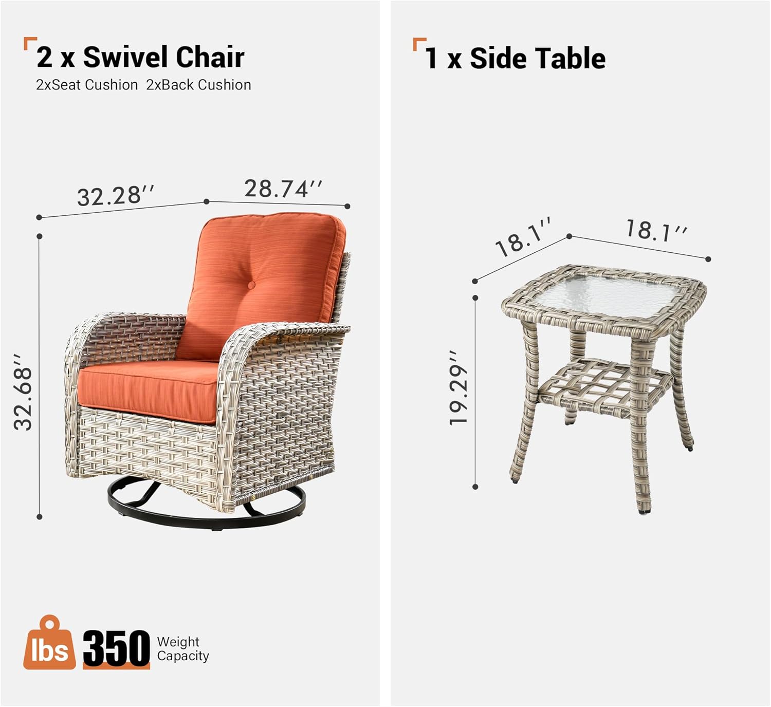 ovios Outdoor Swivel Rocking Chair Set of 3 with Coffee Table, Patio Wicker Rocker with Comfortable Thicken Deep Seating, Comfy Rattan Glider Chairs for Porch Deck Balcony Garden Backyard, Orange