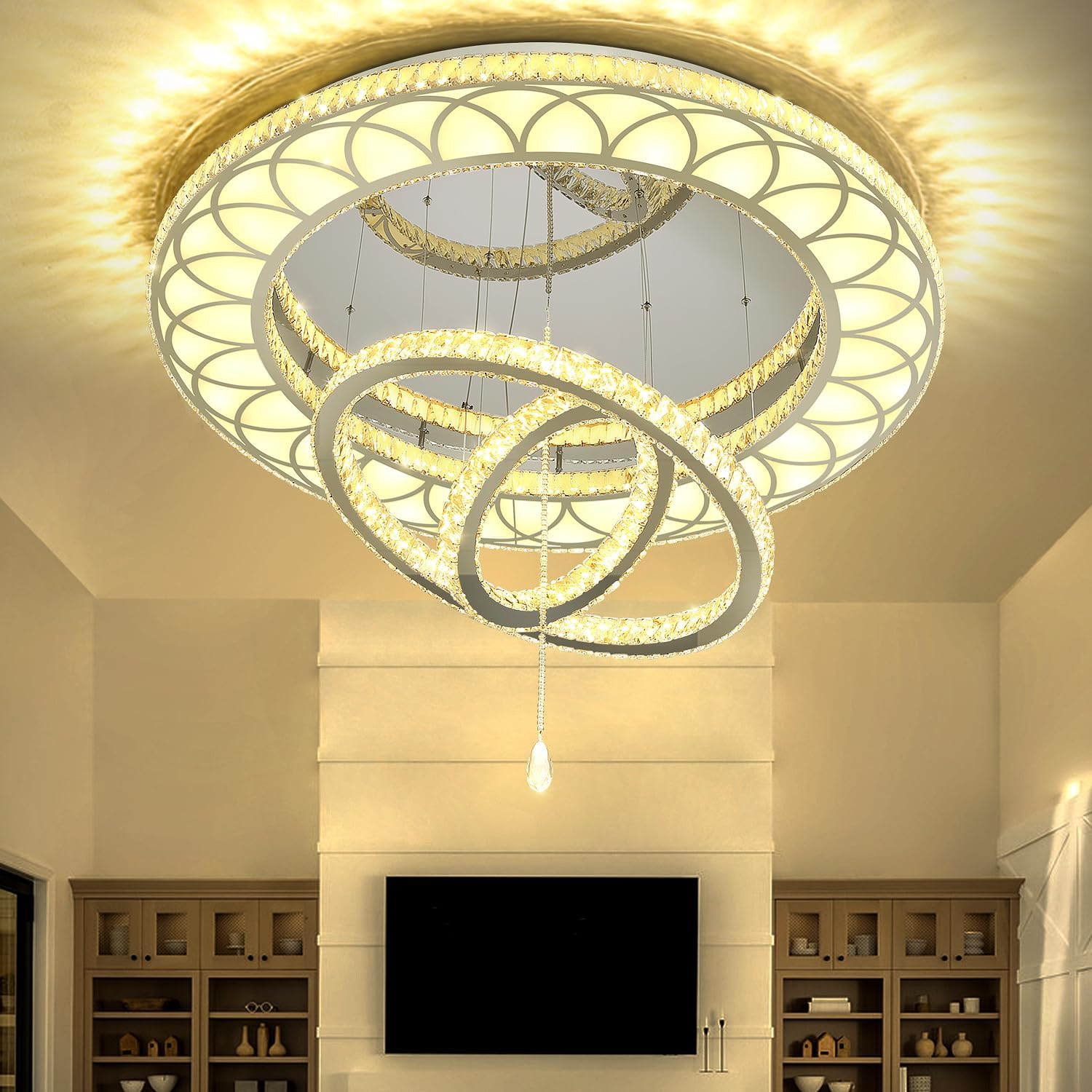Flashing God Extra Large Chandelier Dia 55" Chrome Chandeliers Flush Mount Chandelier for Living Room Bedroom Dining Room Hallway Dimmable 3 Rings Ceiling Chandeliers