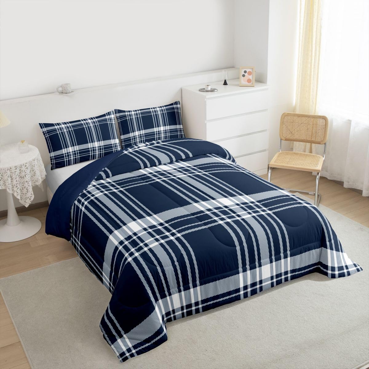jejeloiu Classic Plaid Bedding Set Soft for Boys Girls, Blue Checkerboard Comforter Set Queen Size Aesthetic Grid Duvet Quilt Microfiber Farmhouse Bedroom Decor 3 Pcs with 2 Pillow Cases