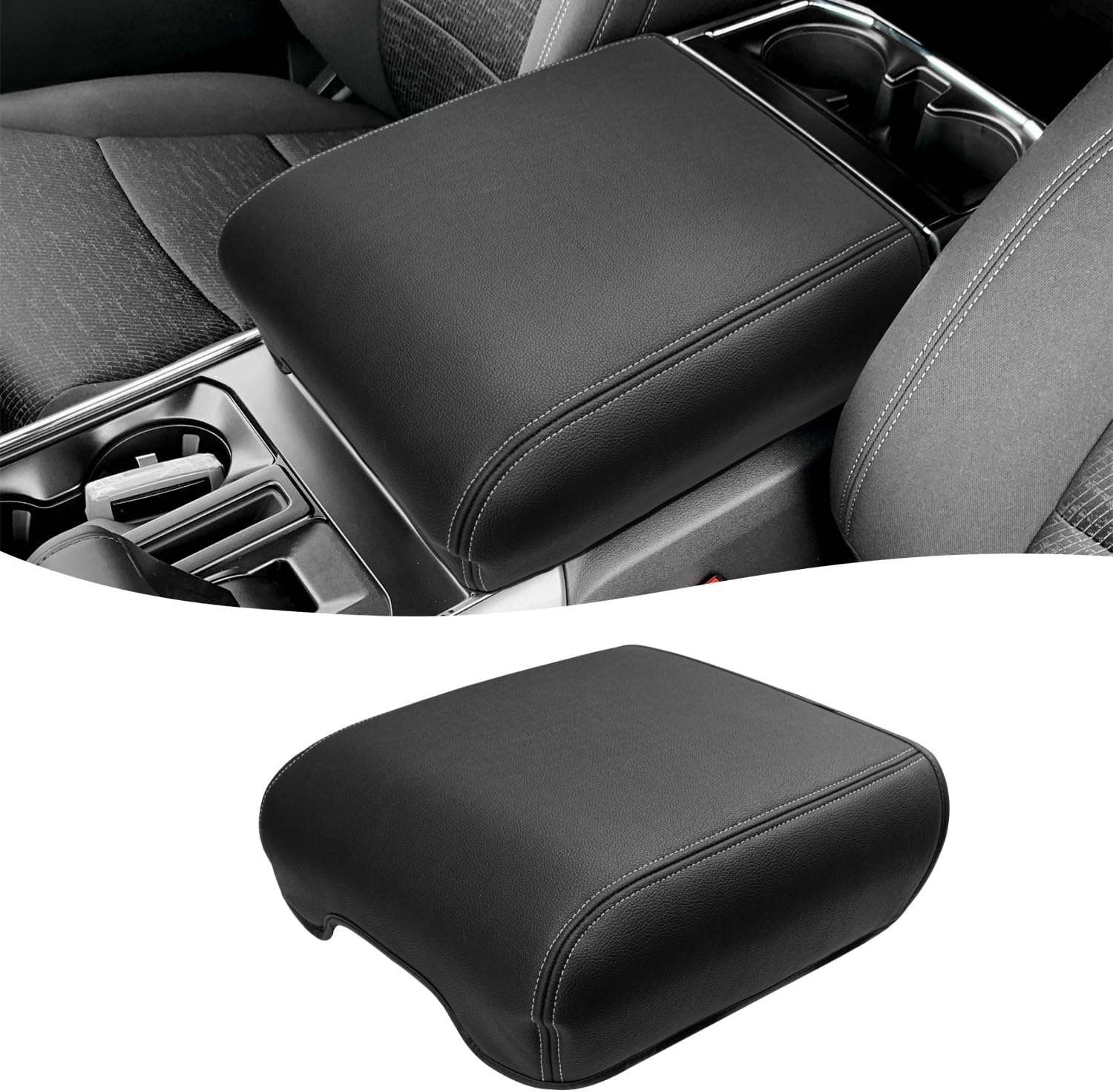 Center Console Cover for 2021-2026 Ford F150 Accessories, Vinyl Leather Middle Armrest Cusion Protector, Anti-Scratch, Black Gray Stitches, Bucket Seat Only(not for Work Station)