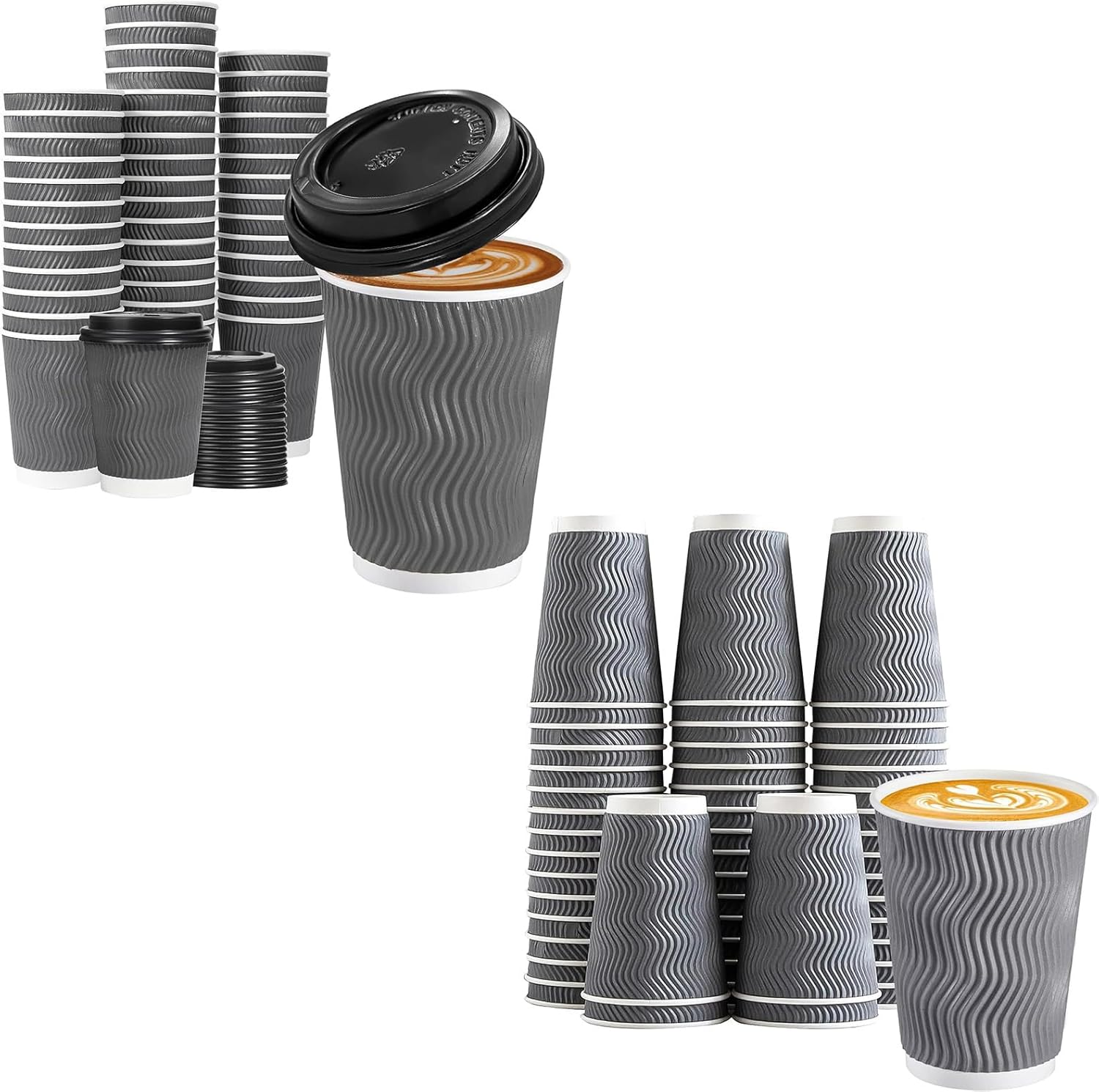 Lamosi 100 Pack - 12 oz Insulated Disposable Coffee Cups 50 Pack Lids, To Go Paper Coffee Cups, Corrugated Ripple Wall Cup for Hot Drink Office Coffee Bar