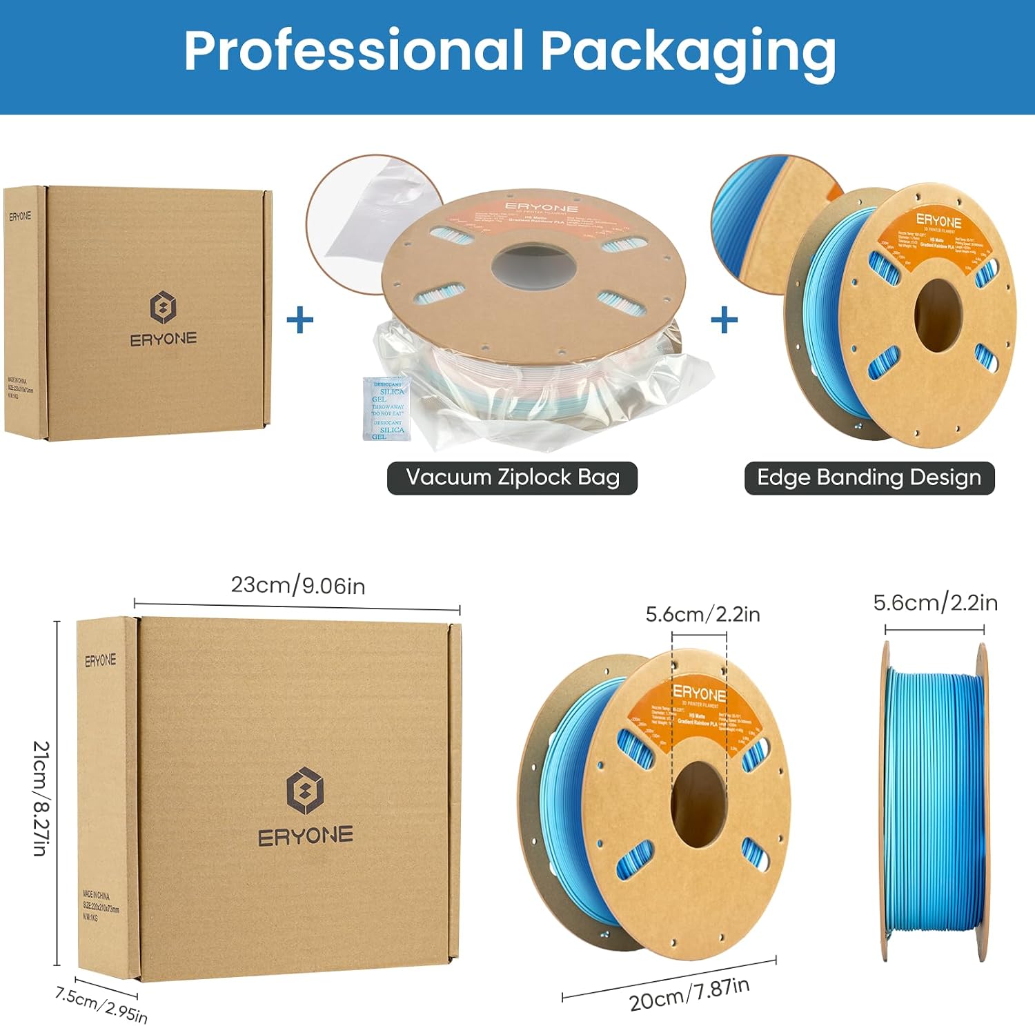 ERYONE Matte Gradient Rainbow 3D Printer PLA Filament 1.75 +/- 0.03mm, HS Matte Multicolor High Speed Filament PLA 1KG(2.2LBS) Spool, Glacier(Blue White Lightblue)