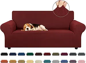 KEKUOU Stretch Loveseat Sofa Cover Slipcover,Couch Covers for 2 Cushion Couch Sofa (55"-78") Furniture Protector Sofa with Elastic Bottom for Kids,Dog. Jacquard Small Checked (Medium,Dark Red)