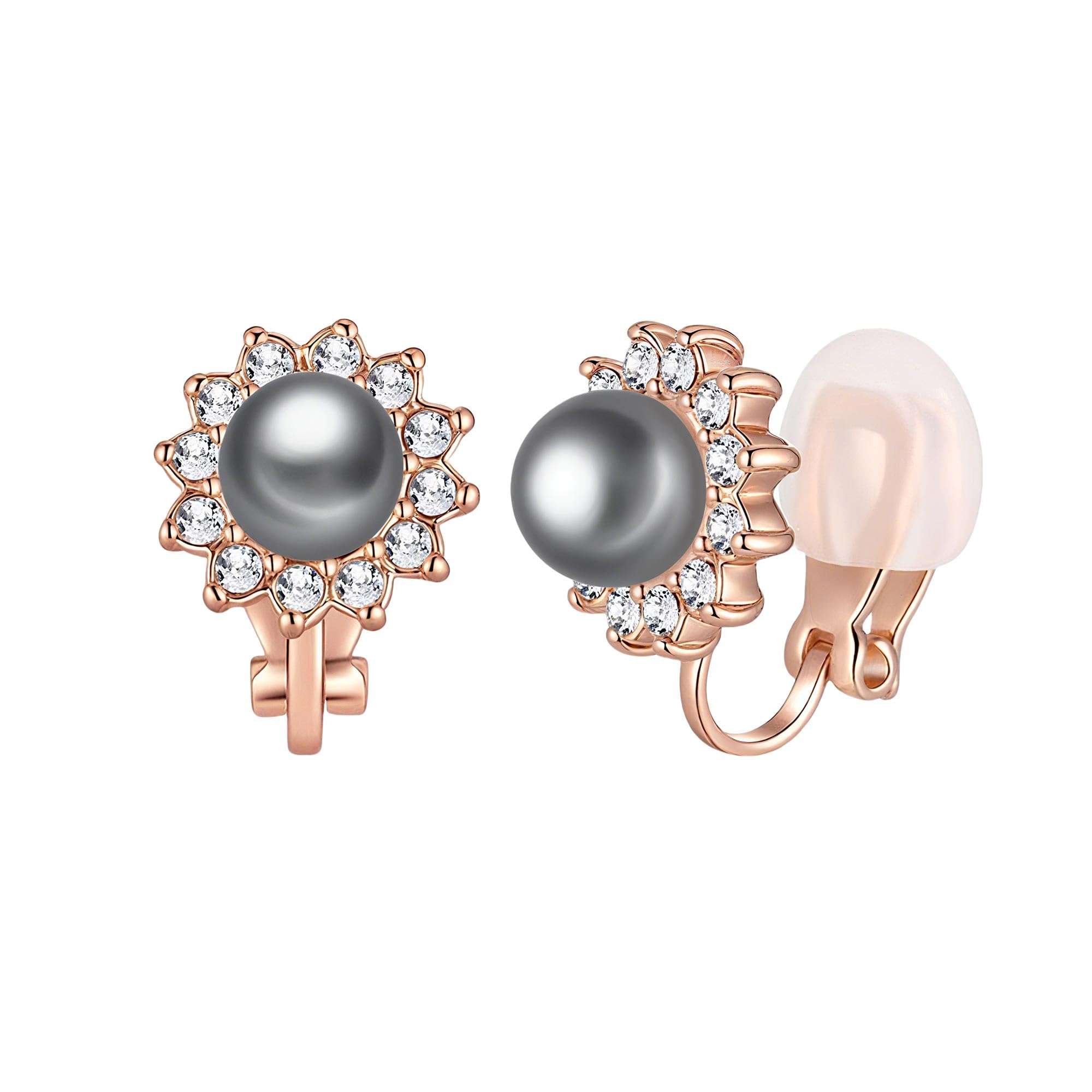 EVEVIC Pearl Clip On Earrings for Women, Austrian Crystal Halo
