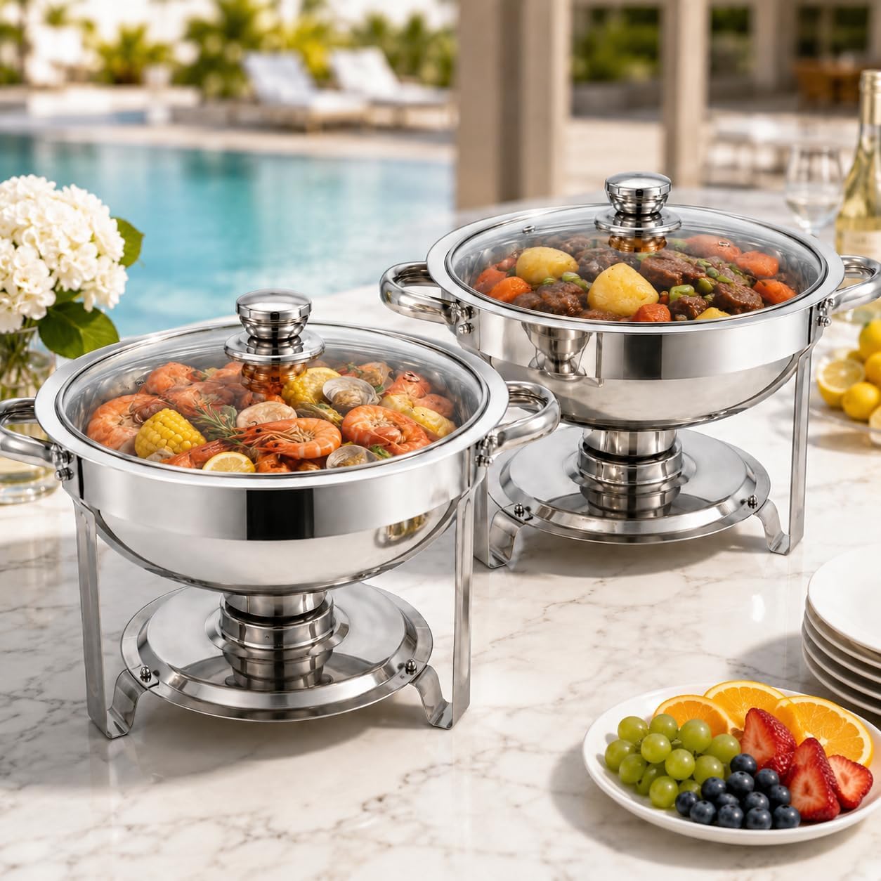 2 Pack 5QT Chafing Dish Buffet Set, 304 Stainless Steel Round Food Warmers with Lids, Water Pans, Folding Stands and Fuel Holders for Parties, Catering and Weddings