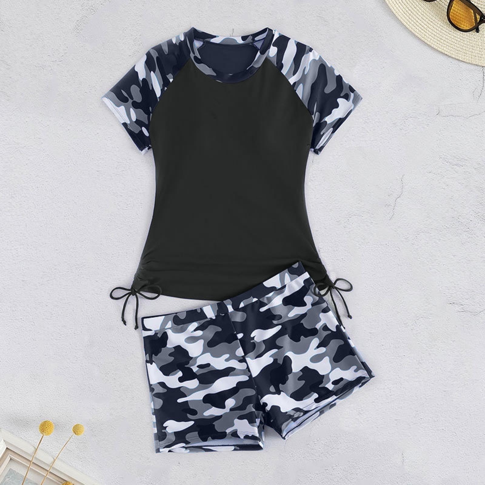 Bikini damski dwuczęściowy strój kąpielowy z krótkim rękawem Rash Guard koszula do pływania z szortami u dołu, czarny, XL