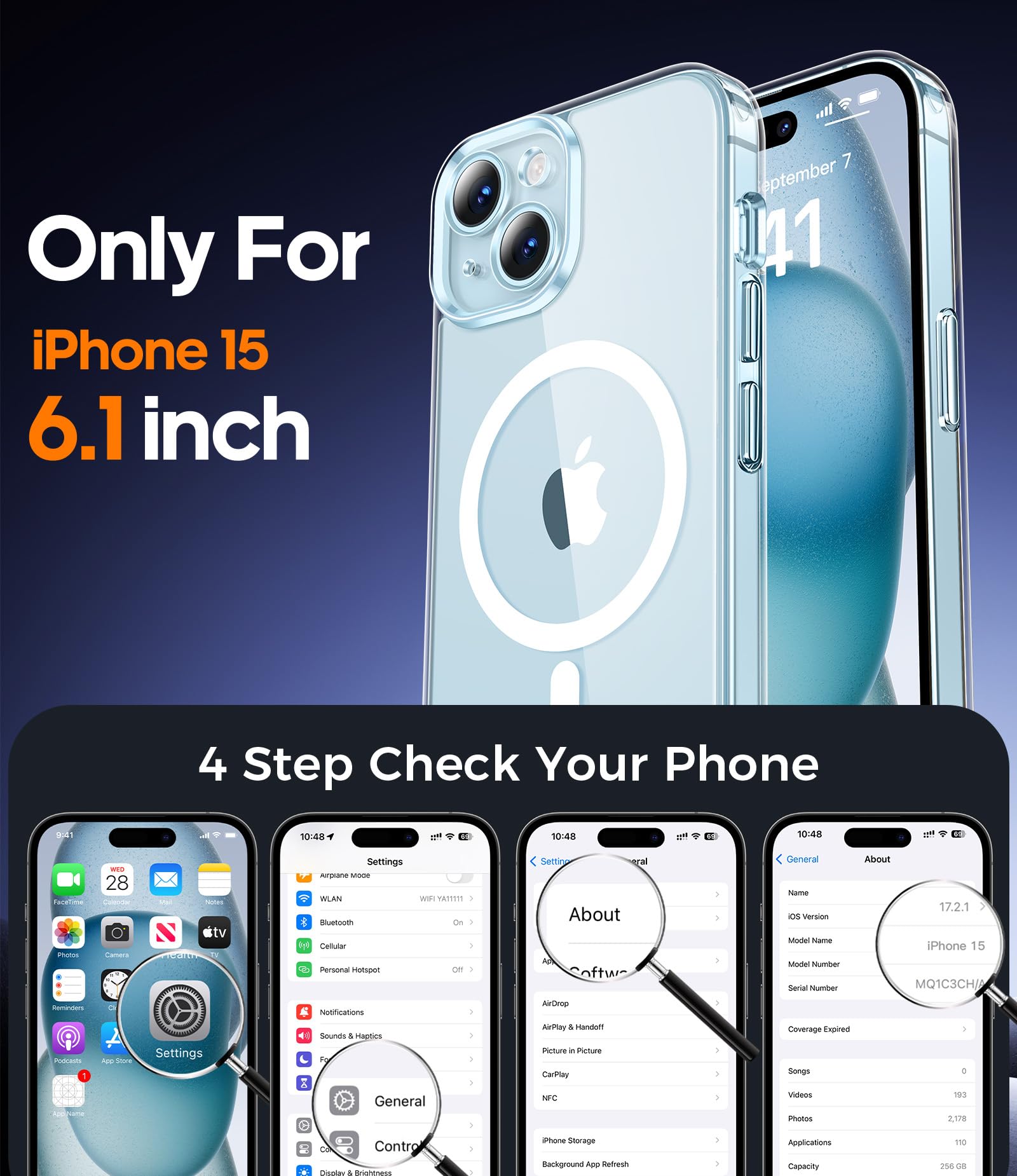 Qasyfanc Magnetic for iPhone 15 Case with 2 Tempered Glass Screen Protector, Compatible with MagSafe, Full Camera Protection, [Anti-Yellowing] Shockproof Protection Phone Case, Clear - 3