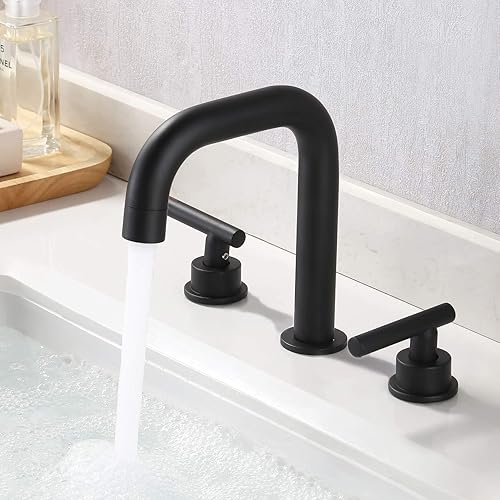KES Grifo de lavabo de baño negro, grifo de baño para lavabo de baño, 8 pulgadas, 3 agujeros, moderno, grifo de lavabo de 2 manijas de latón con