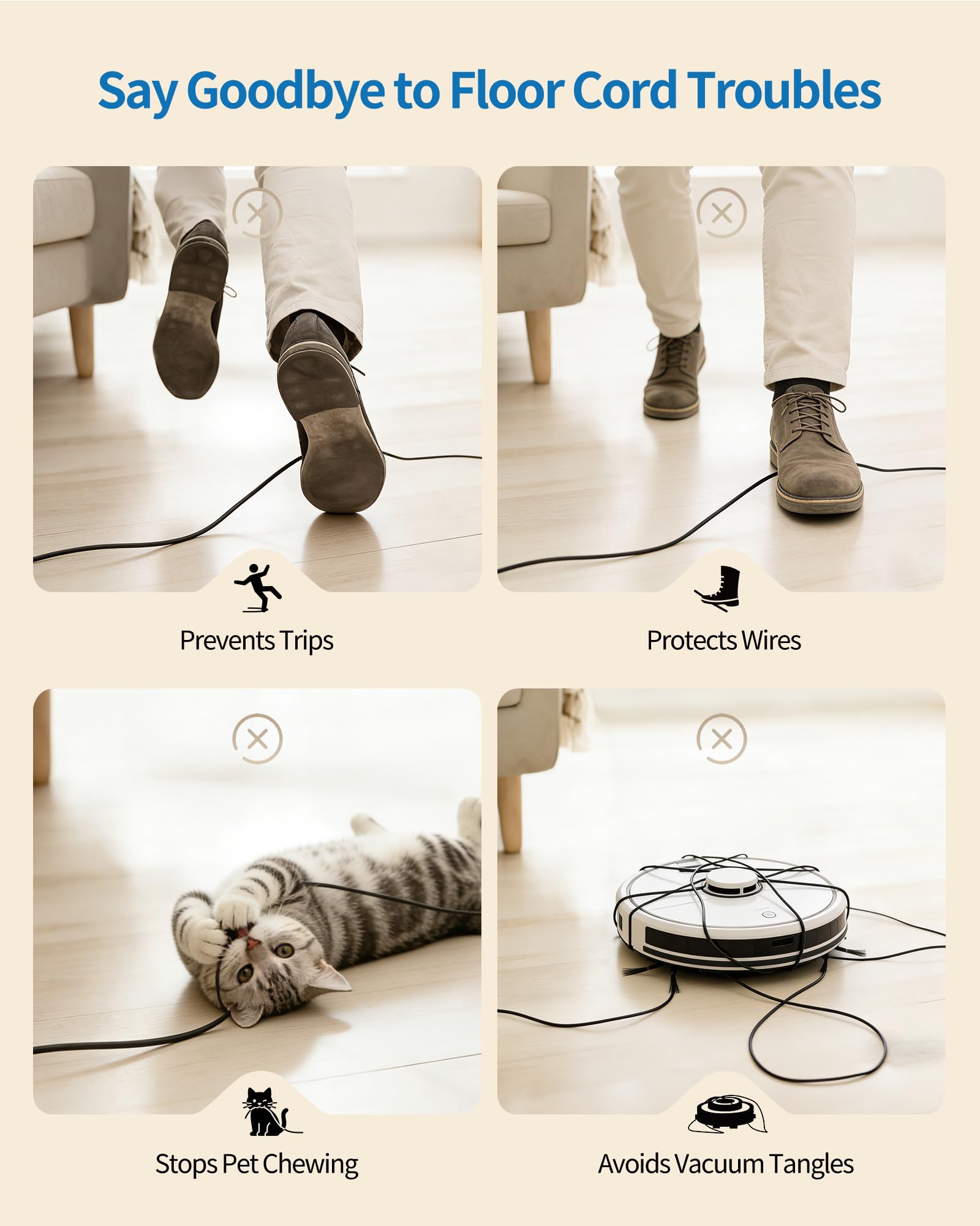 Yecaye Cubierta de cable de suelo de 5 pies, cubiertas de cables para cables en el suelo, mango de cable de suelo, madera clara