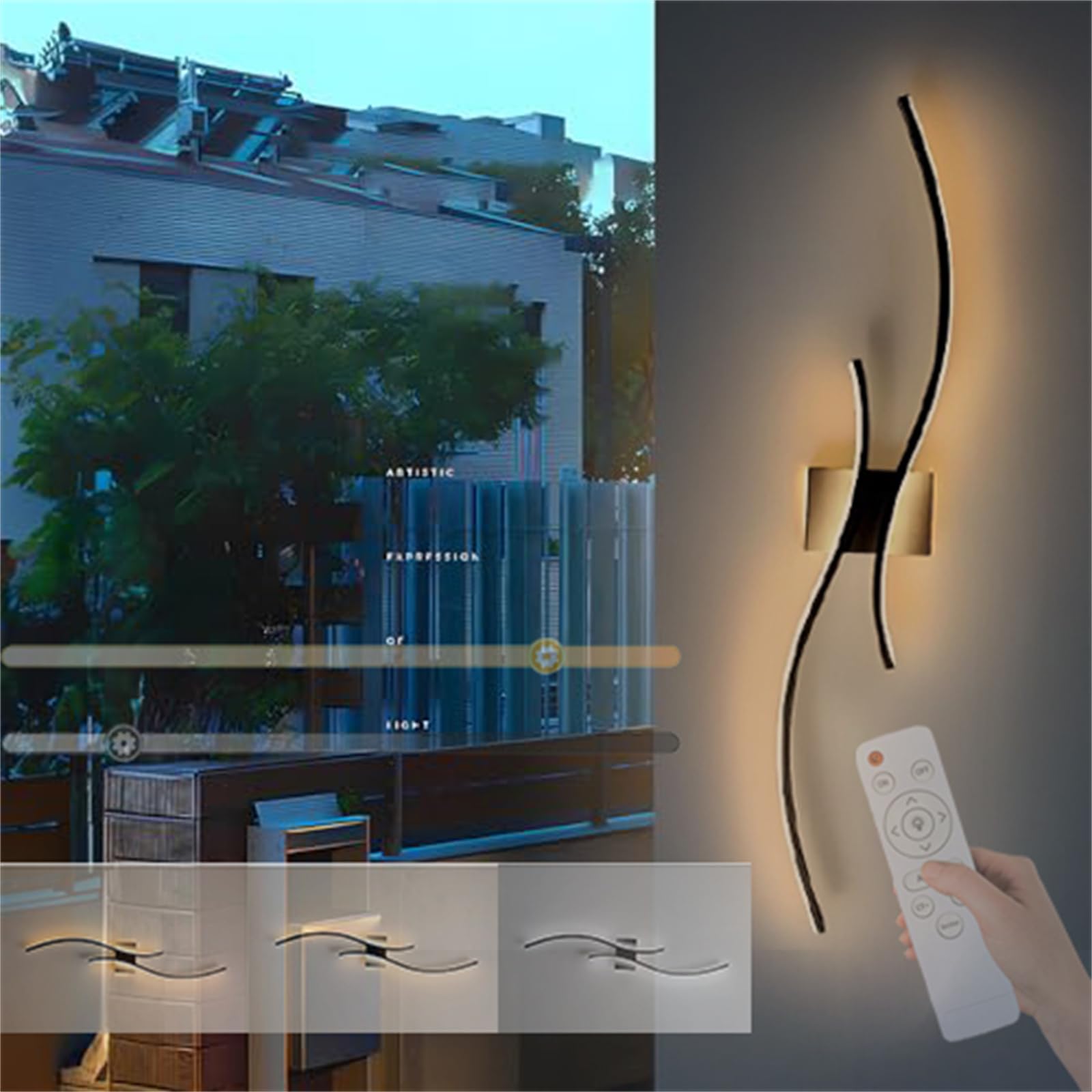 Nowoczesna i kreatywna lampa ścienna na zewnątrz, IP65, ściemniana, z pilotem zdalnego sterowania, długa lampa aluminiowa, do ogrodu, na taras, garaż (czarna, 60