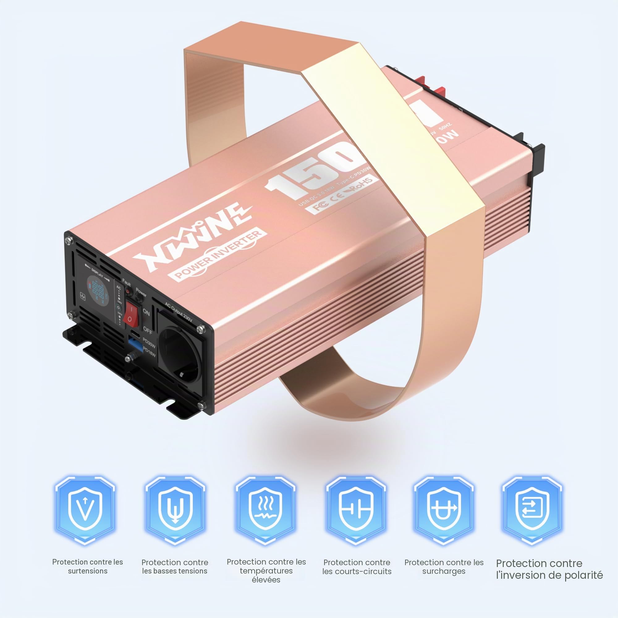 XWJNE Convertisseur de Tension Pur Sinus 1500W 12V à 220V, Onduleur pour Camping-Car, Camion, Bateau, Convertisseur de Tension avec Prise Secteur, Sorties USB-A et USB-C, Écran LCD, Télécommande