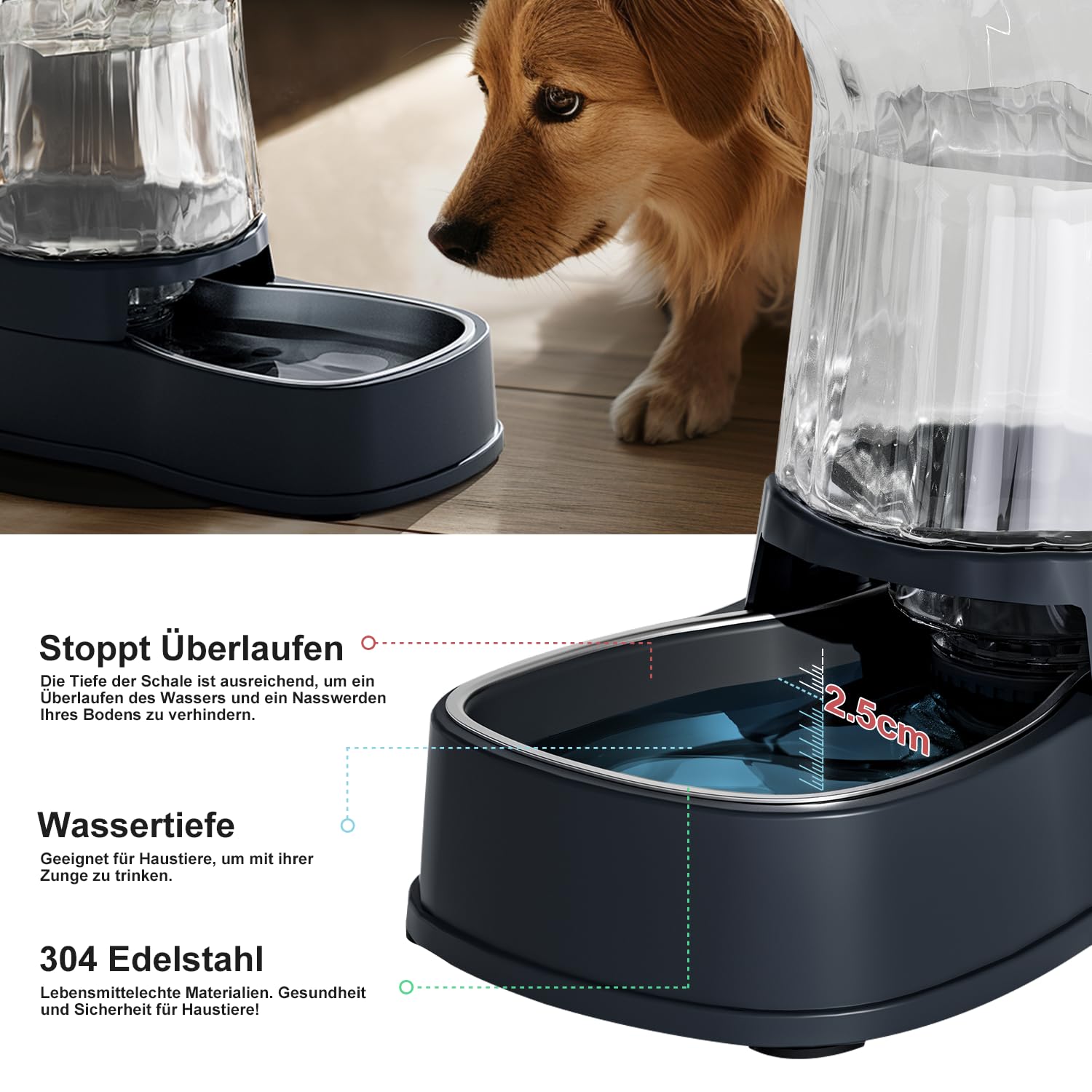 Gardner Pet 3.85L Gravitation Wasserspender Hund, Edelstahlnapf, Grau | Ohne Strom, BPA Frei, Gravitation Wasserspender, Für kleine/mittlere Haustiere