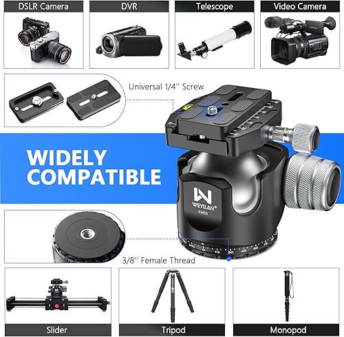 Miniatura 6 de WEYLLAN - Cabezal de bola de perfil bajo de 2165in cabezal de trípode panorámico 360 cabezal de trípode de aleación de aluminio CNC para trípode con