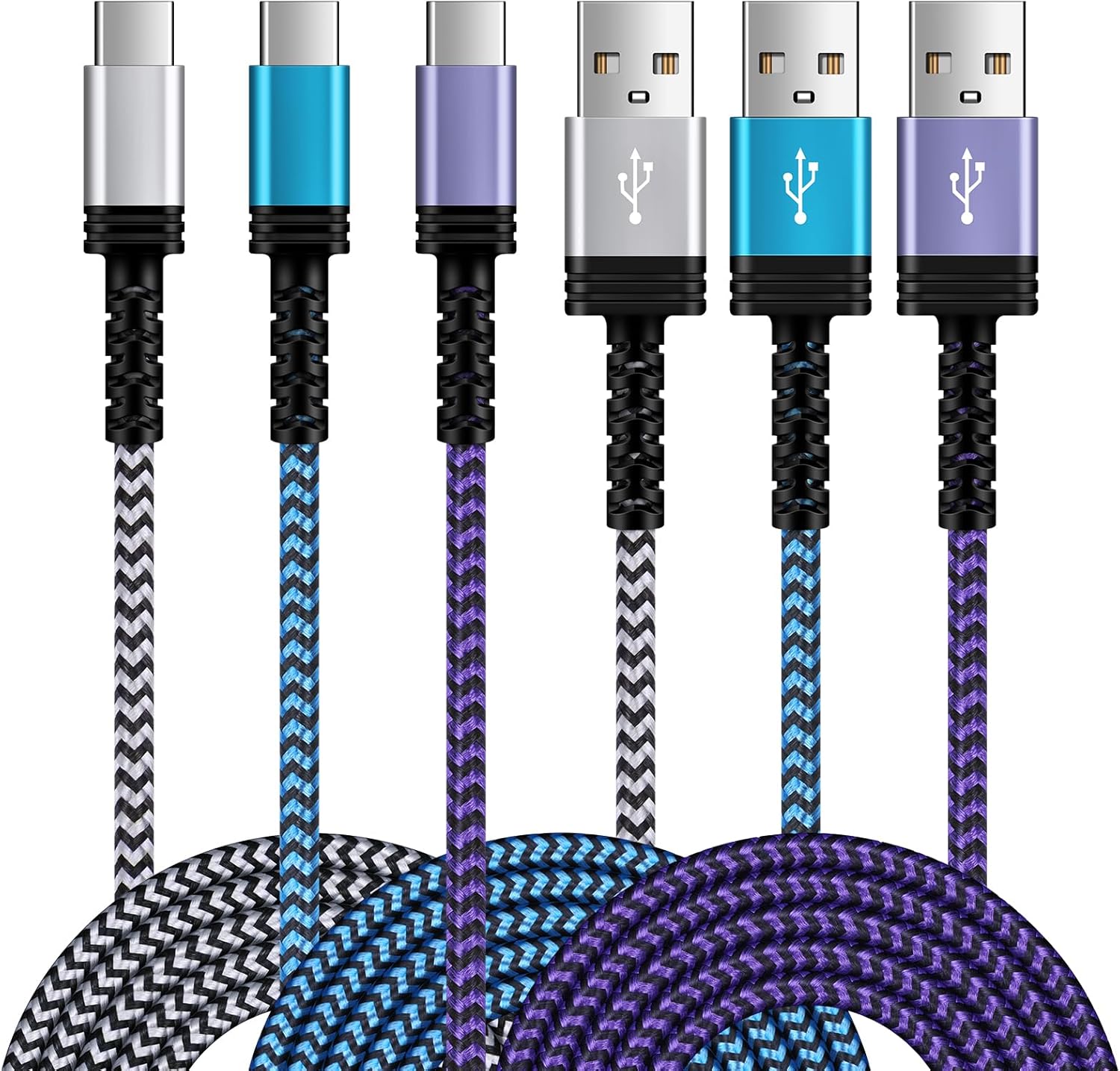 10FT/3Pack USB C Cable, 3.1A USB C to USB A Fast Charger Cord for iPhone 16 15 15Pro 15 Pro Max,USB Type C Charging Cable for Samsung Galaxy S24 Ultra S24 S23 A15 A14 5G A55 A54 S22 S21,Pixel 9 Pro (10FT Purple,Blue,White) Thumbnail