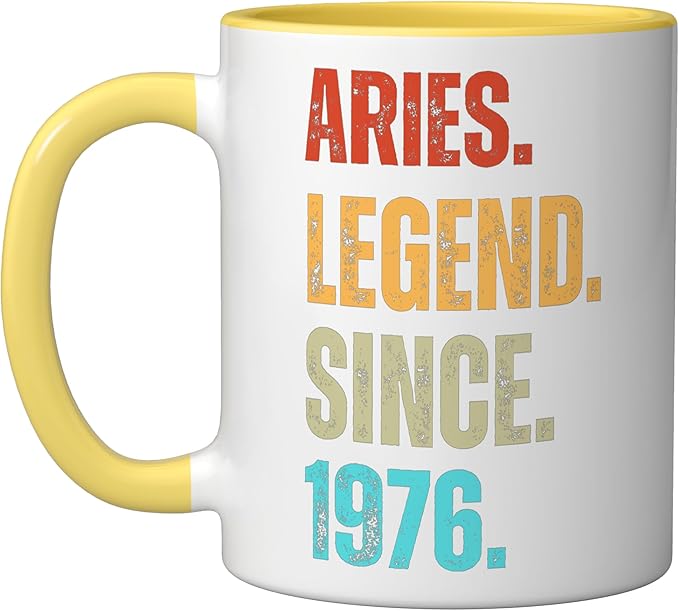 Aries Legend Since 1976 Retro Zodiac Sign Birthday Ceramic Mug, Yellow/White