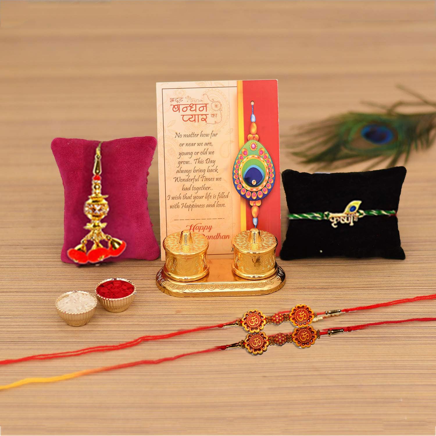 Rakhi For Brother Bhaiya Bhabhi - 4 Rakhi Set With Golden Finish Kumkum Dani Box - Rakshabandhan Gift Best Special Card / Shri Nath Ji Rakhi/Lumba Rakhi For Bhabhi/ Rakhi For Bhaiya Bhabhi Kids