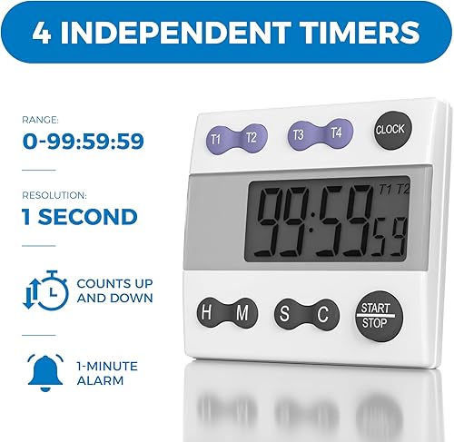 Miniatura 2 de Sper Scientific Temporizador de cocina digital portátil 810015 para cocinar y hornear con alarma fuerte, temporizador de 4 canales, laboratorio