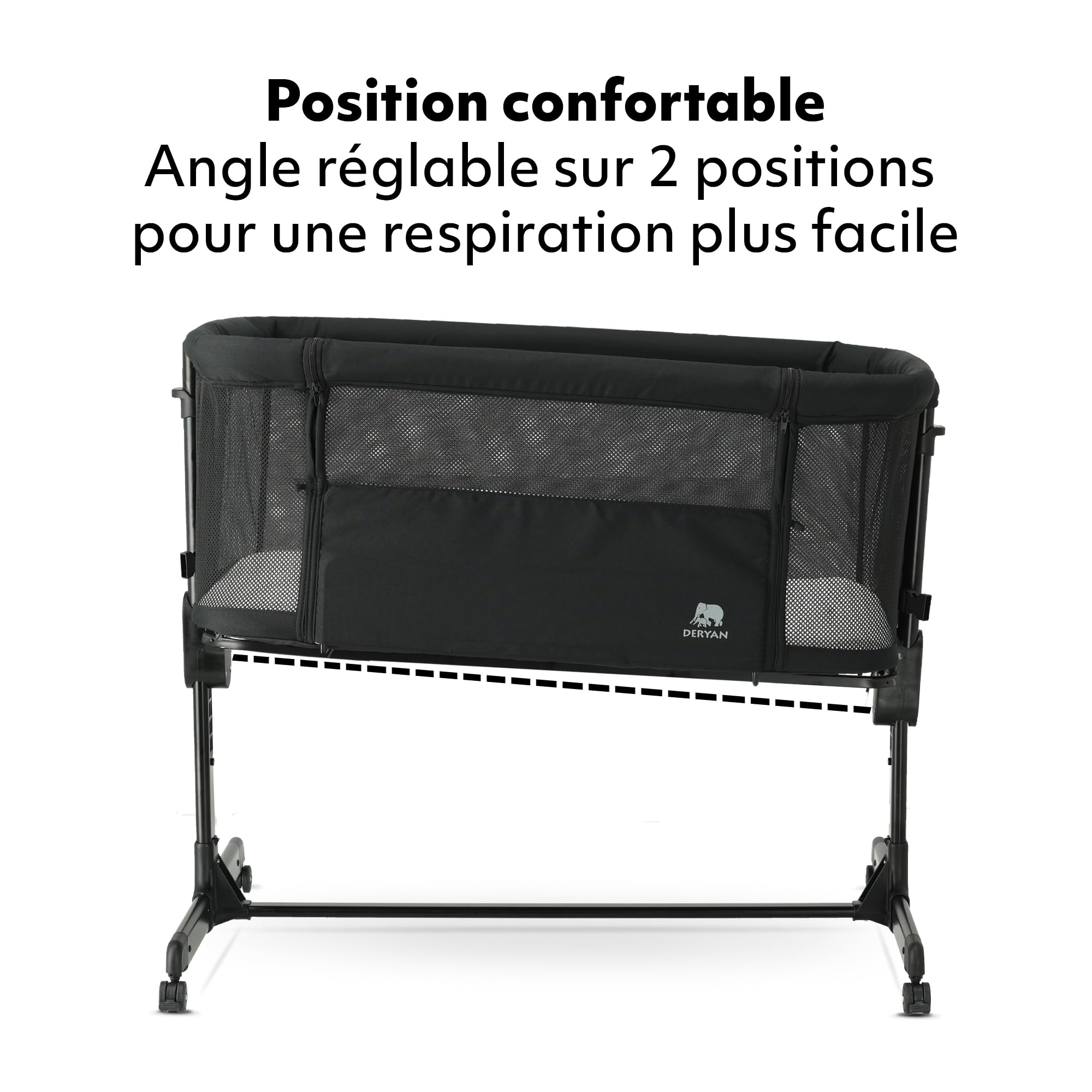 Deryan Snoozy Co-Sleeper 3 en 1 Lit bébé jusqu'à 9 kg Cododo Berceau Réglage Hauteur Inclinaison Matelas 4 roulettes Freins Matelas Ergonomique Sac (Noir)