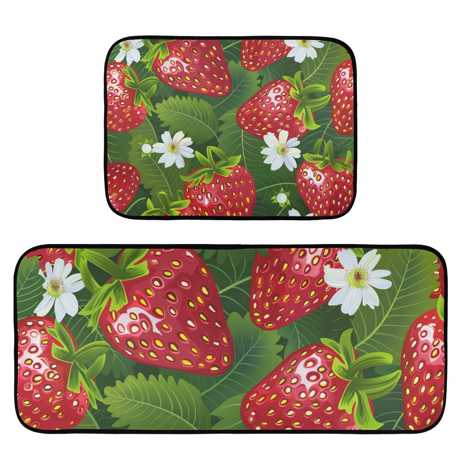 Qumton Strawberry Daisy Flower (4) Kitchen Rugs Set of 2, Cushioned Anti Fatigue Kitchen Mats Non Slip Washable, 19.7