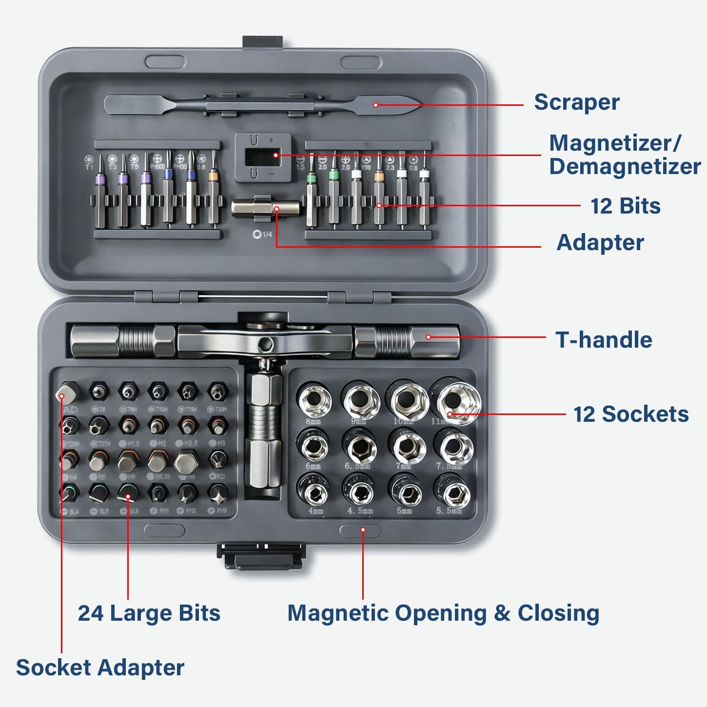 Ratcheting Screwdriver Set, 52 in 1 Socket Set & Magnetic Ratchet Screwdriver Bit Set with Detachable Ratchet Handles, Portable Precision Repair Tool Kit for Furniture Computer Bicycle