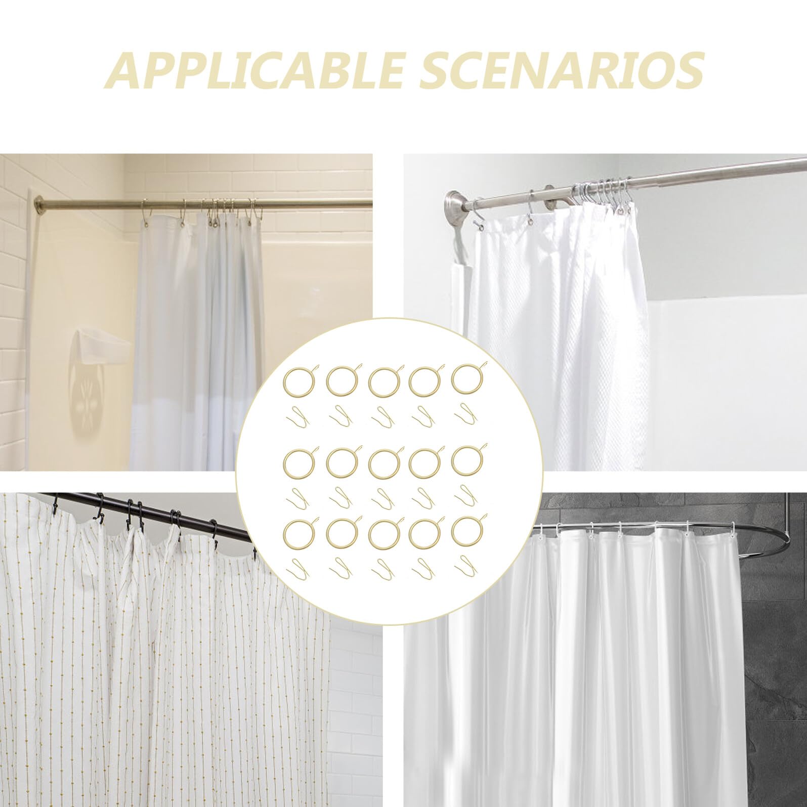 Anillas para Cortinas de Baño Metálicas Doradas 200 Piezas 100 Anillas 30Mm 100 Ganchos 20X25Mm Resistentes para Barra de Ducha y Ventana Accesorios para Colgar Cortinas