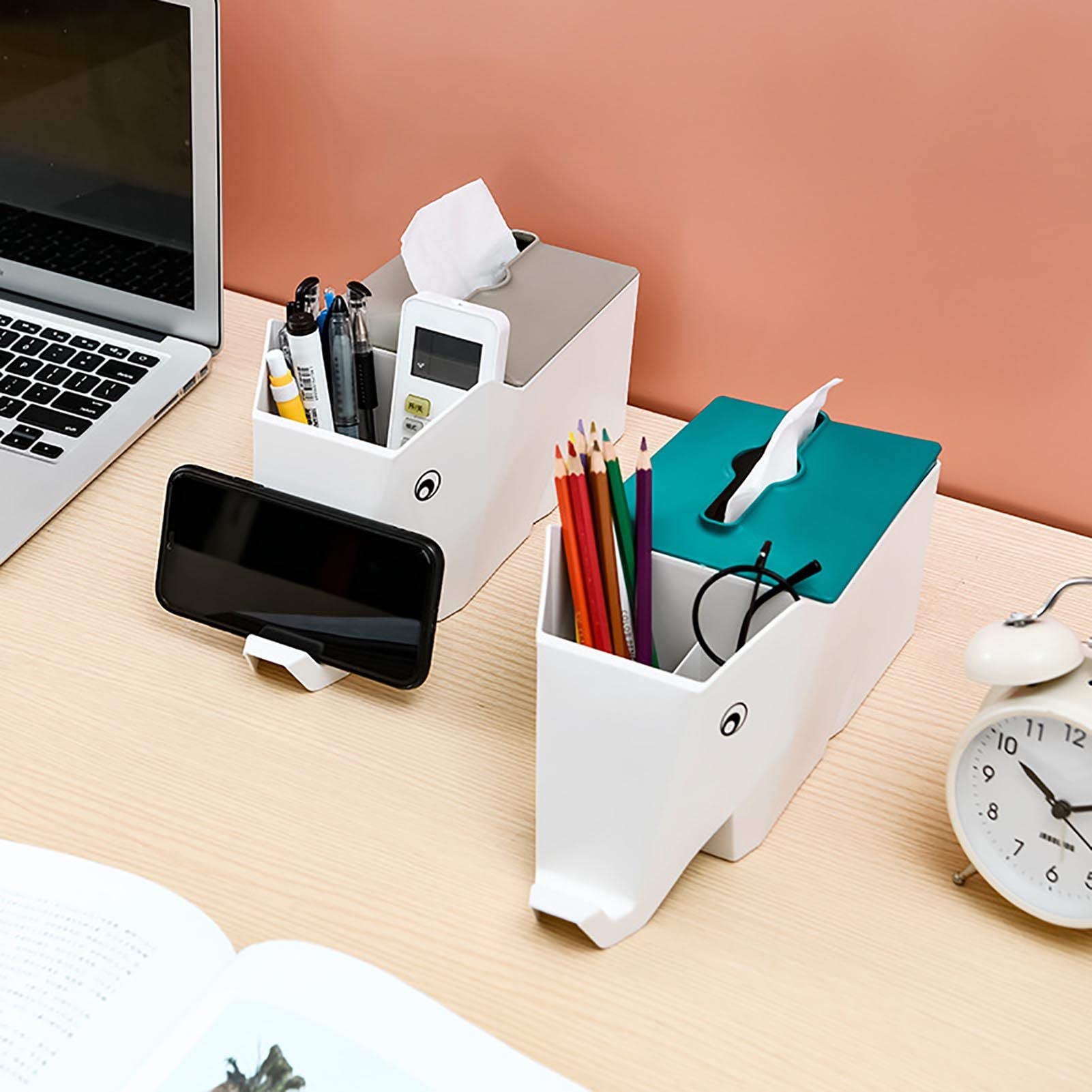 VAPOKF Portapenne da scrivania, a 2 scomparti, con motivo origami verde a forma di elefante, portapenne, portapenne, pennelli da trucco, organizer per cancelleria, per casa e ufficio