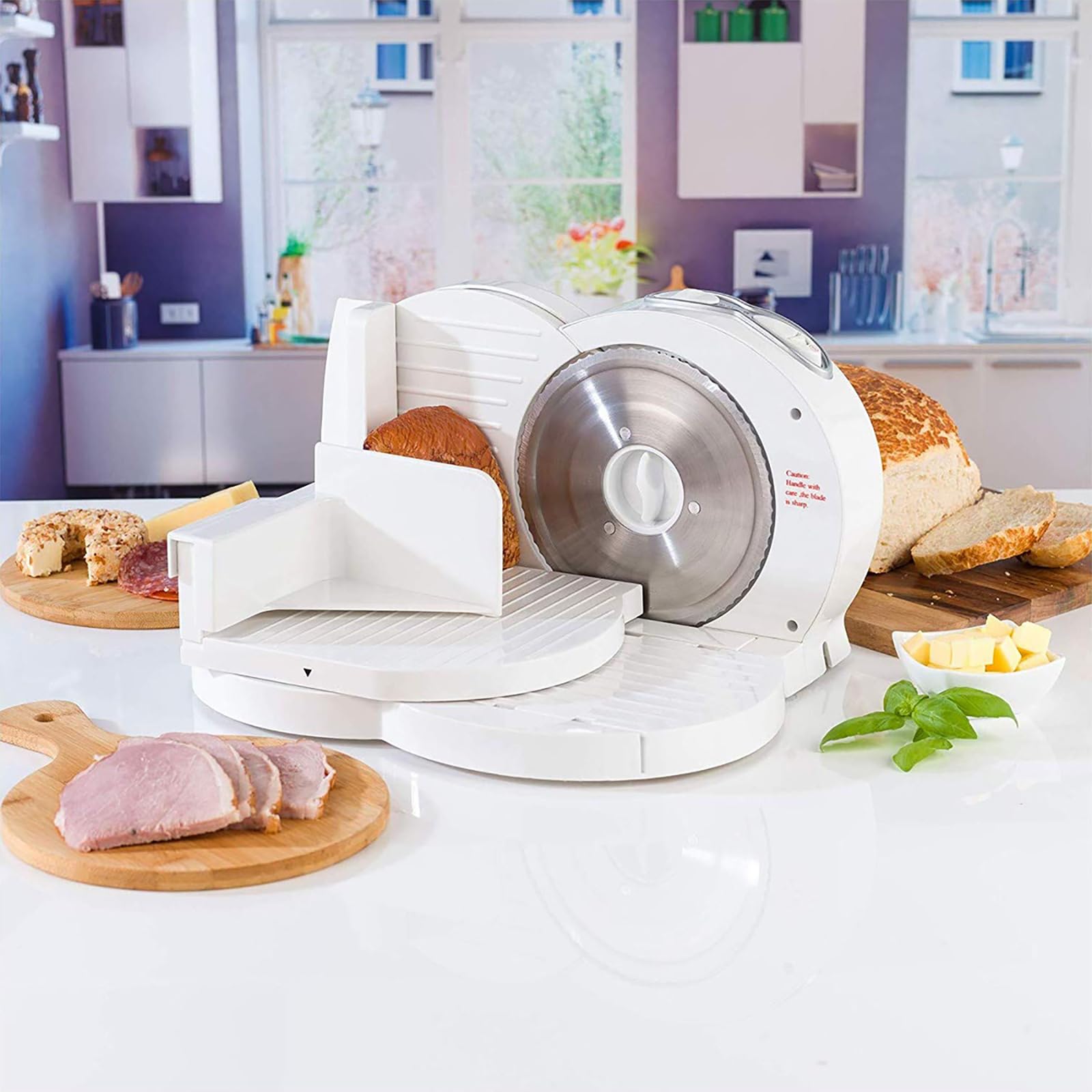 FfiMe Affettatrice Elettrica per Carne – Affettatrice Antiscivolo per Pane/Formaggio/Salumi, Lama Seghettata in Acciaio Inossidabile da 17 cm, Spessore Regolabile 1-15 mm, Affettatrice Domestica
