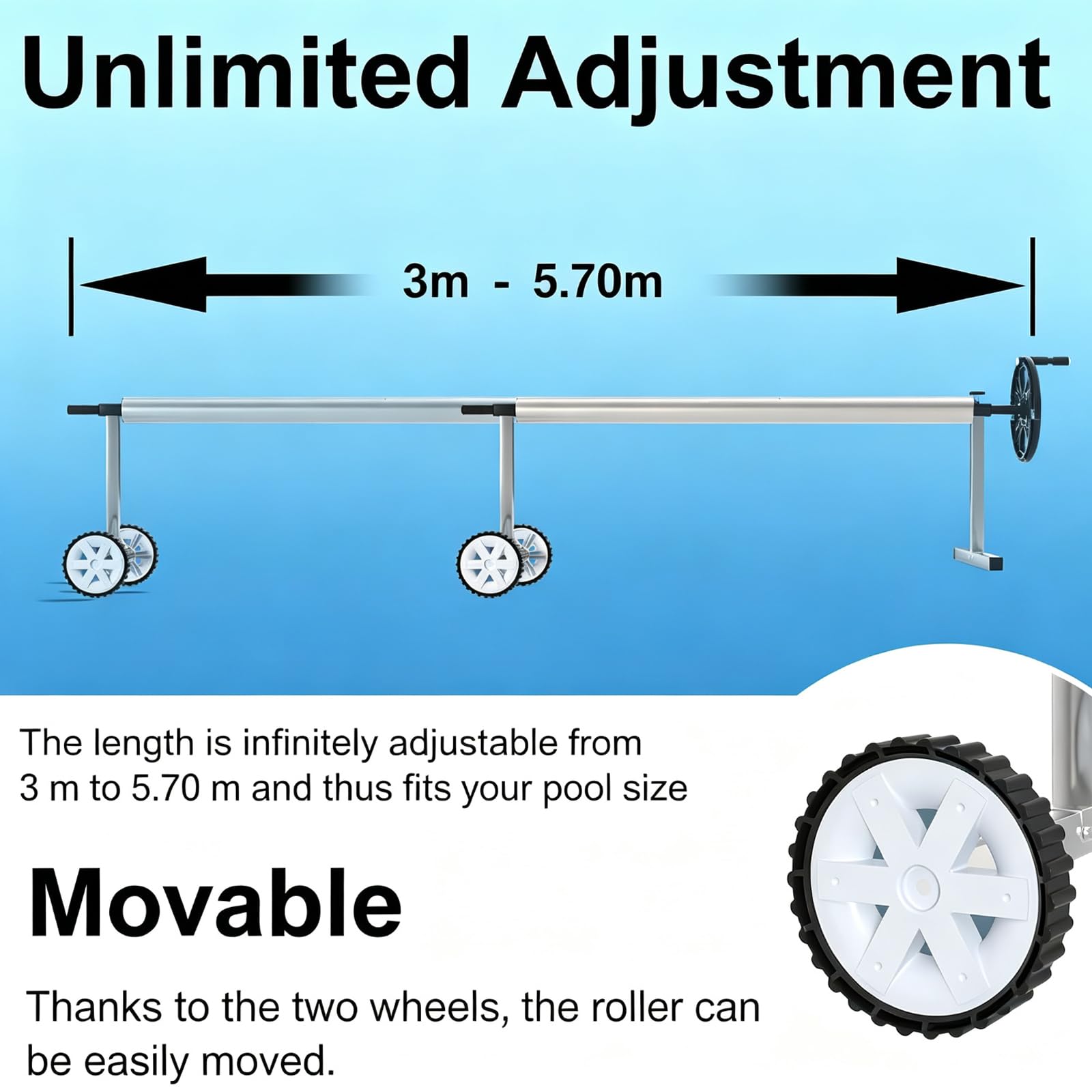 Pool Aufroller 3 m - 5,7 m Verstellbar, Aufrollsystem für Poolplane aus Aluminium Edelstahl mit Handkurbel & Rädern, Aufrollvorrichtung für Solarplanen & Abdeckungen & Poolüberdachung