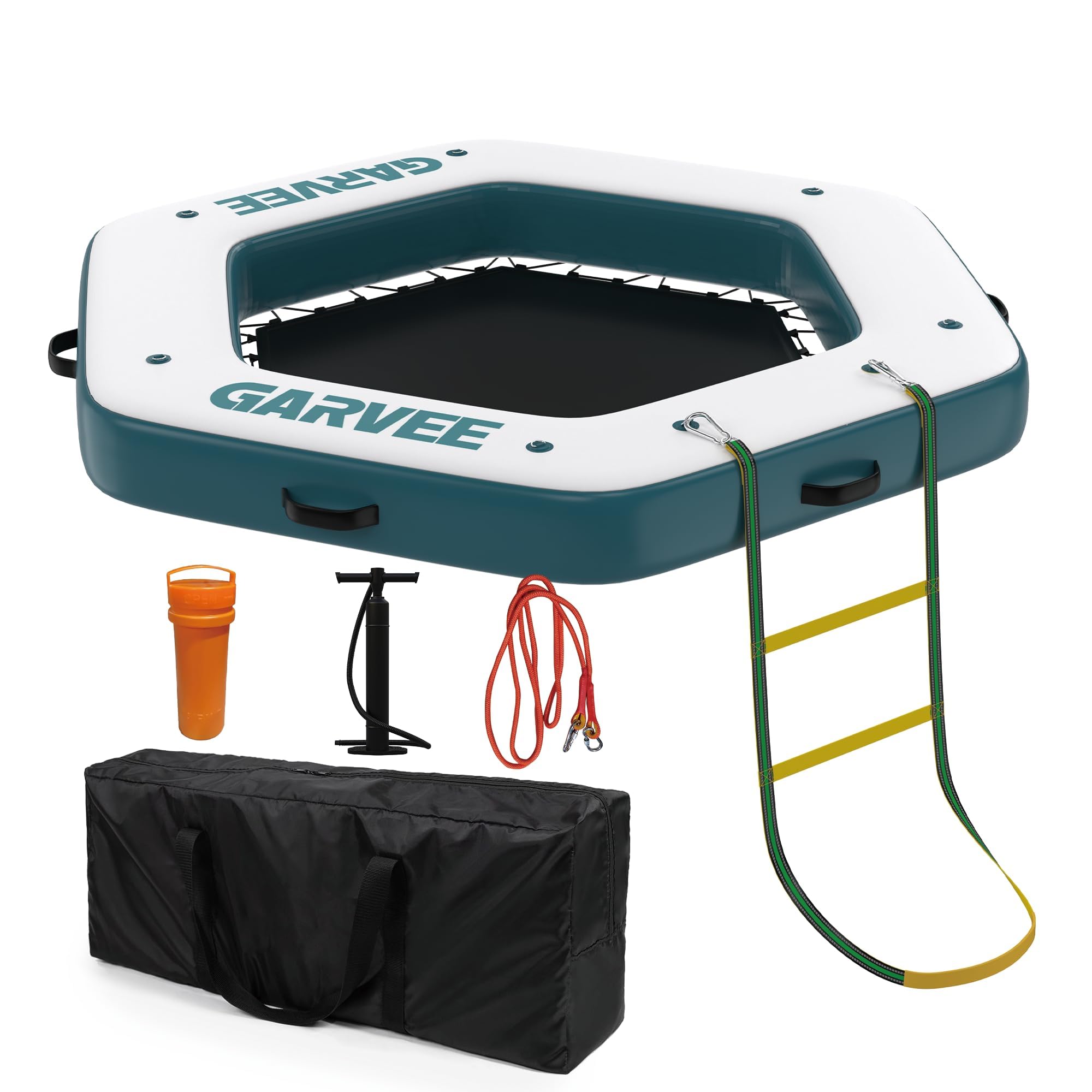 Vielseitige Aufblasbare Schwimmende Plattform mit Rutschfester Eva-Oberfläche & Seilleiter, Integrierter 1.5m Trampolin-Netzpool, Perfekte Wasserinsel und Schwimmdock für See, Pool, 2.59 * 2.59m