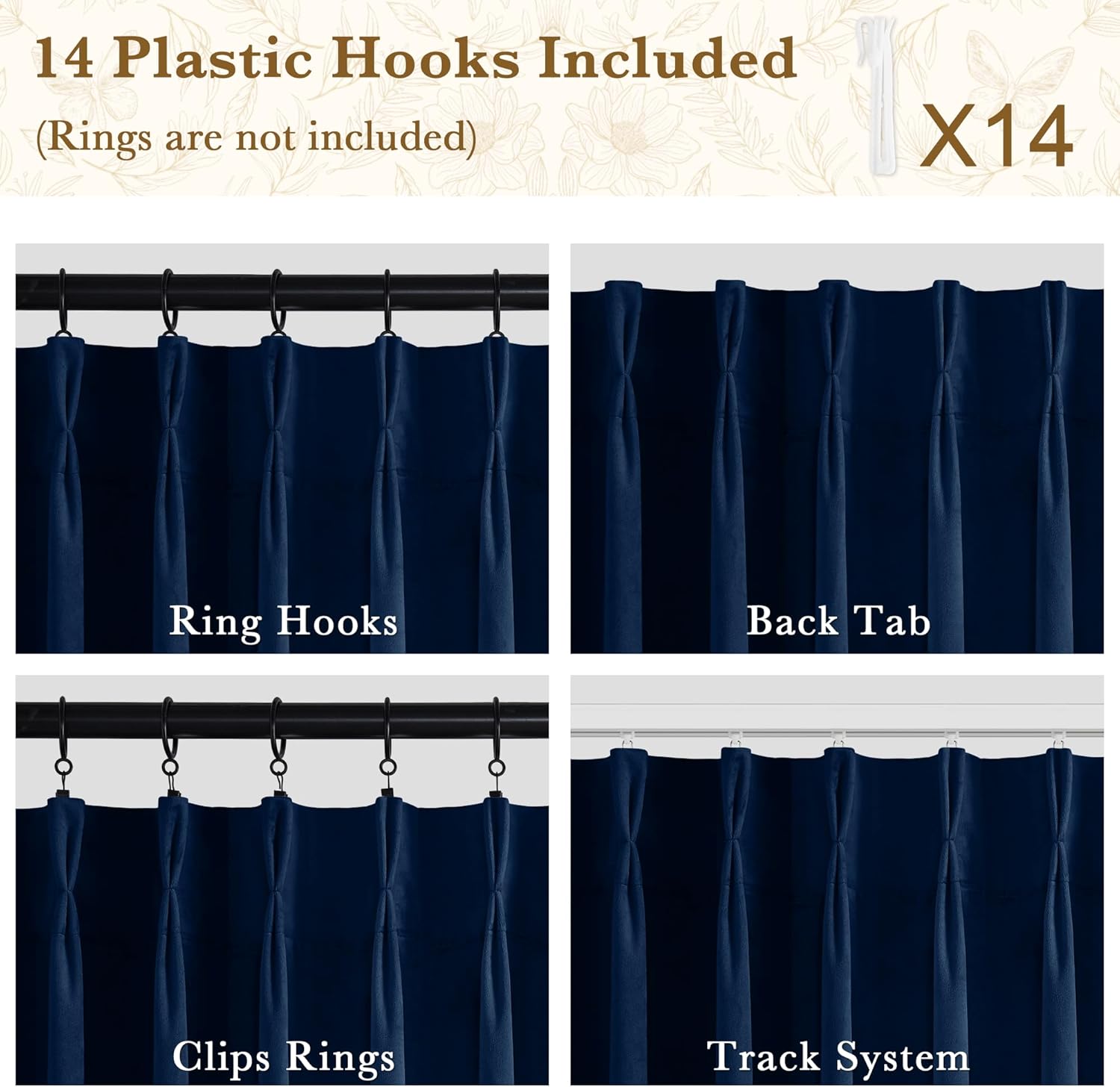 RYB HOME Navy Blue Pinch Pleated Velvet Blackout Curtains, Thermal Insulated Pinch Pleat Drapes with Hooks, Luxury Privacy Window Panels for Living Room Bedroom, 40 W x 90 L, 2 Panels Set