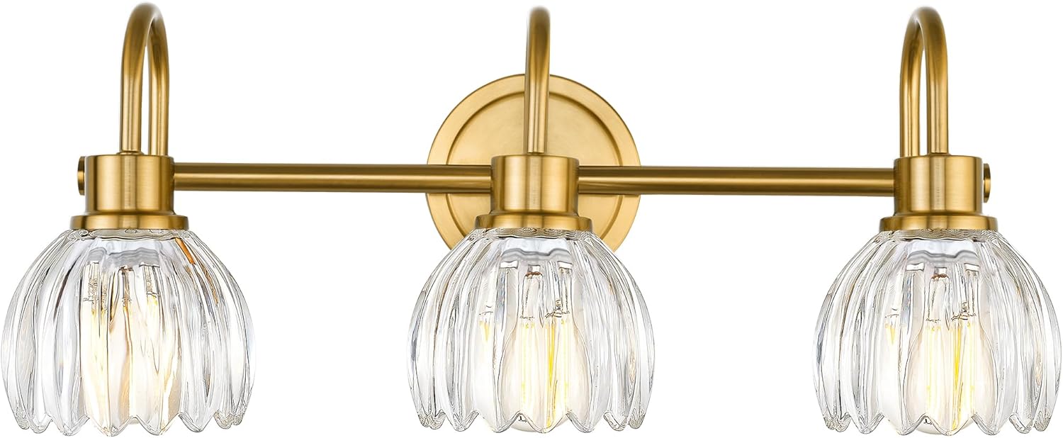 3-Light Bathroom Light Fixtures, 21 Inch Brushed Gold Vanity Lights with Clear Tulip Glass Shade, Champagne Bronze Vanity Lighting Fixtures Over Mirror, E26 Base, ETL Listed, AD-22282-3W-GD-C