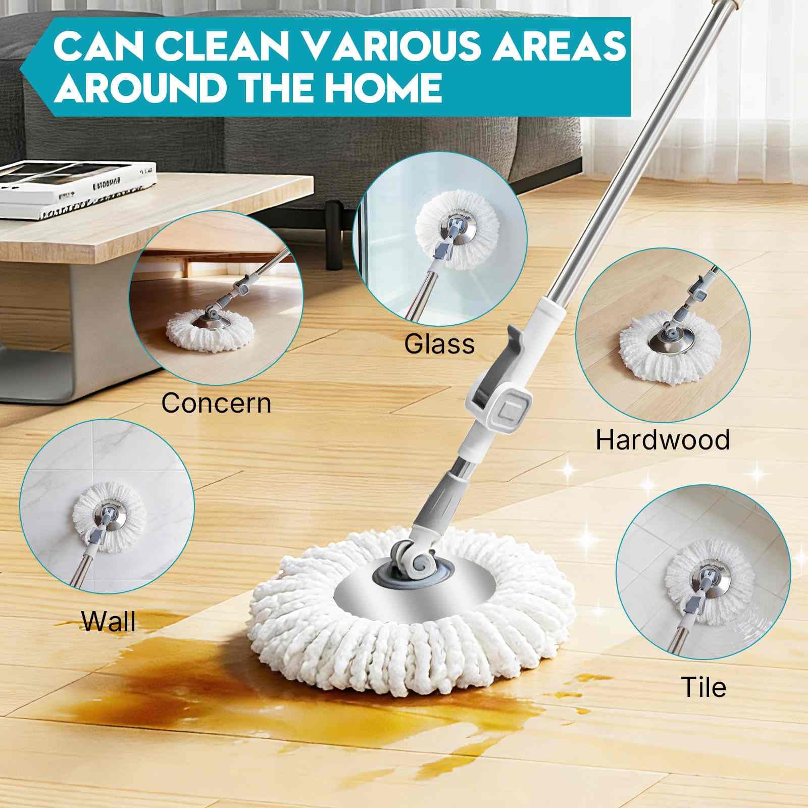 Gira la fregona con un mango de repuesto, ajuste de rotación de 360°, fregona extensible de 53.5 pulgadas, placa de acero inoxidable resistente, adecuada para varios escenarios domésticos