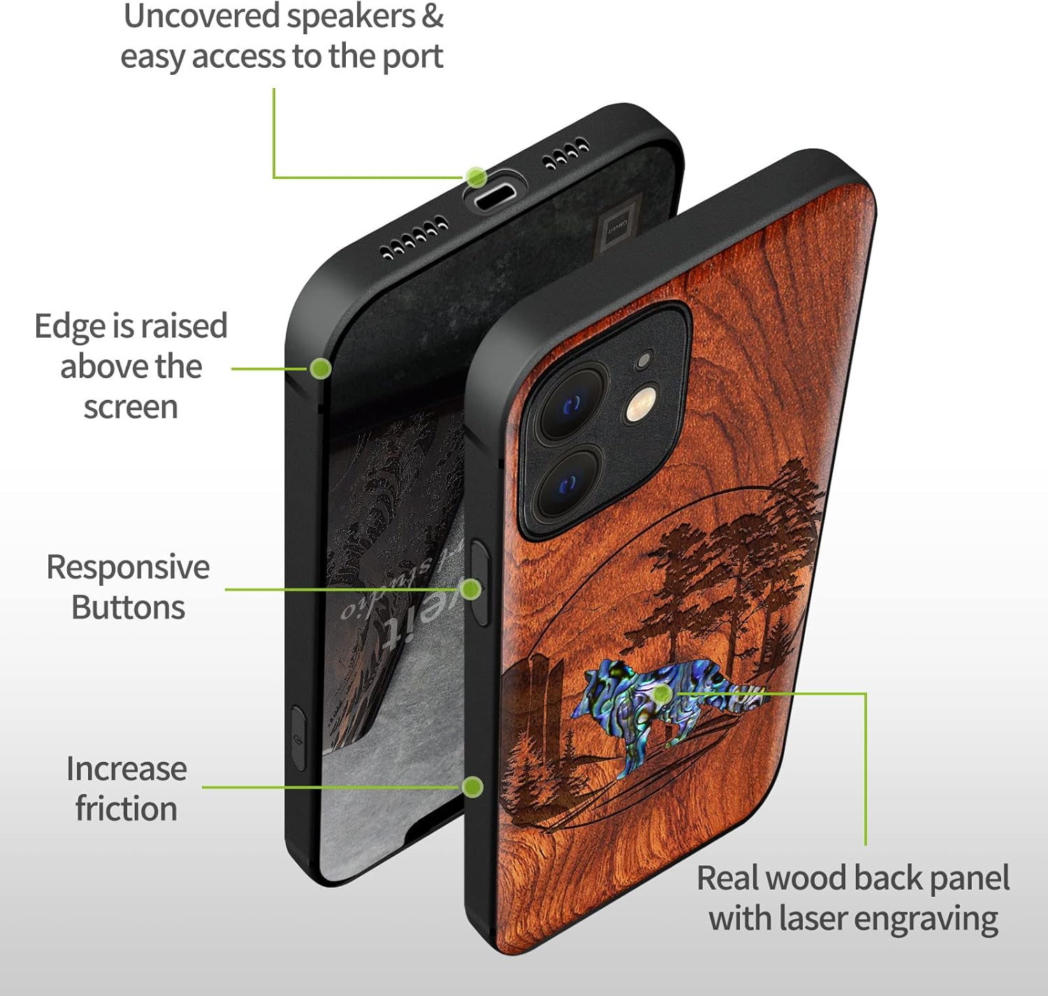 Carveit Designer Wooden Protective Case for iPhone 12 Magnetic Cover [Wood Engraving & Shell Inlay] Compatible with iPhone 12 MagSafe (Fox and Woods-Rosy)
