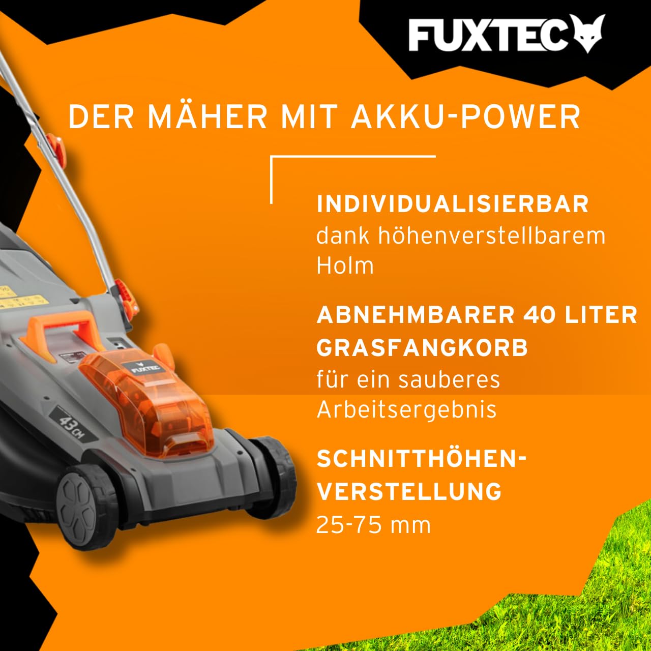 FUXTEC Akku Rasenmäher 40V 2x20V FX-E2RM43SET • 43cm • inkl 2X 4Ah Akku & Schnellladegerät• Variable Schnitthöhe • Mulchfunktion & Fangkorb 40L • kabelloser Elektro Rasenmäher