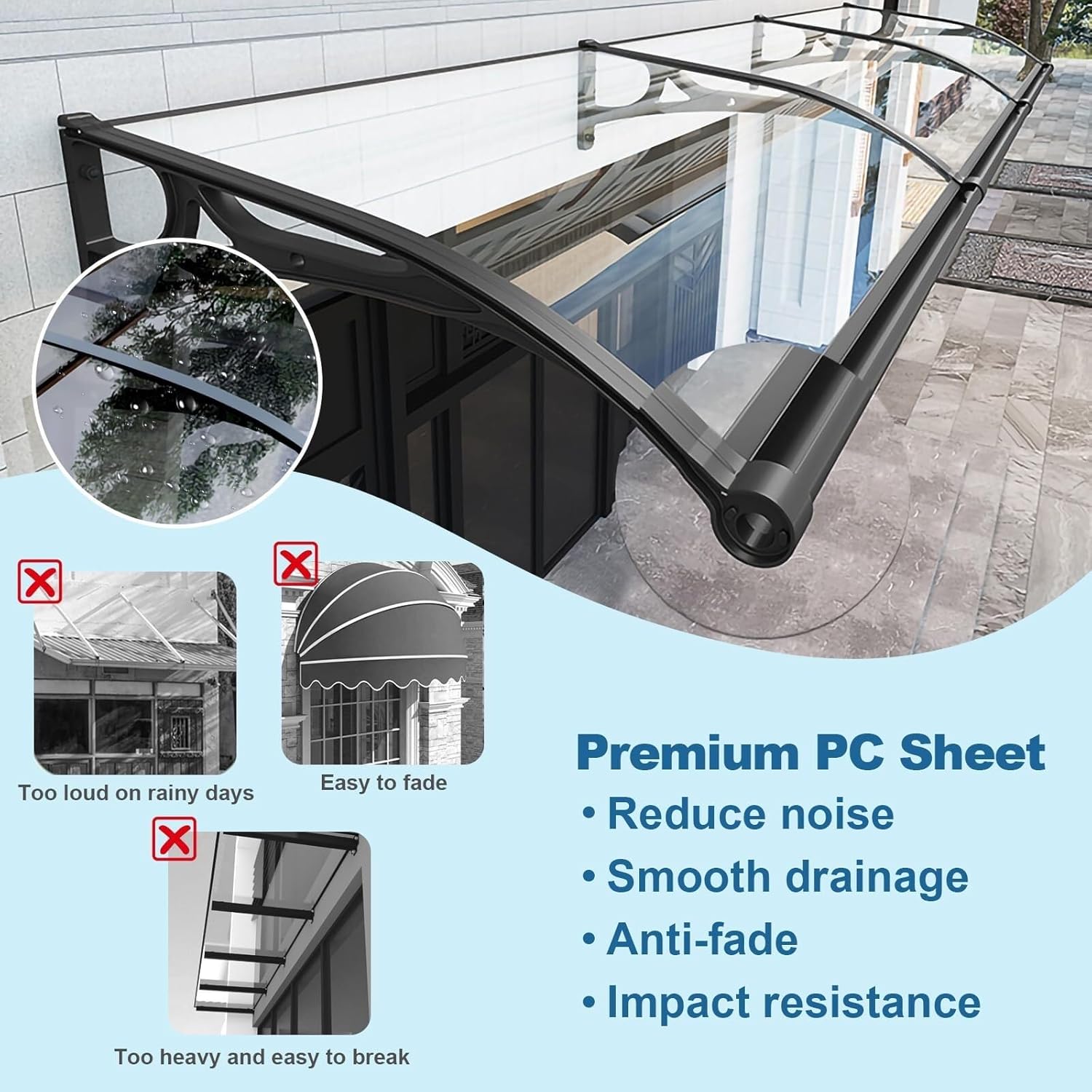 Aluminum Porch Canopy - Outdoor Door Canopy with Polycarbonate Cover, Waterproof UV Protection, Snow Shield, Modern Design for Patio/Roof/Window, Easy Installation (C, 80x380cm/32x150in)