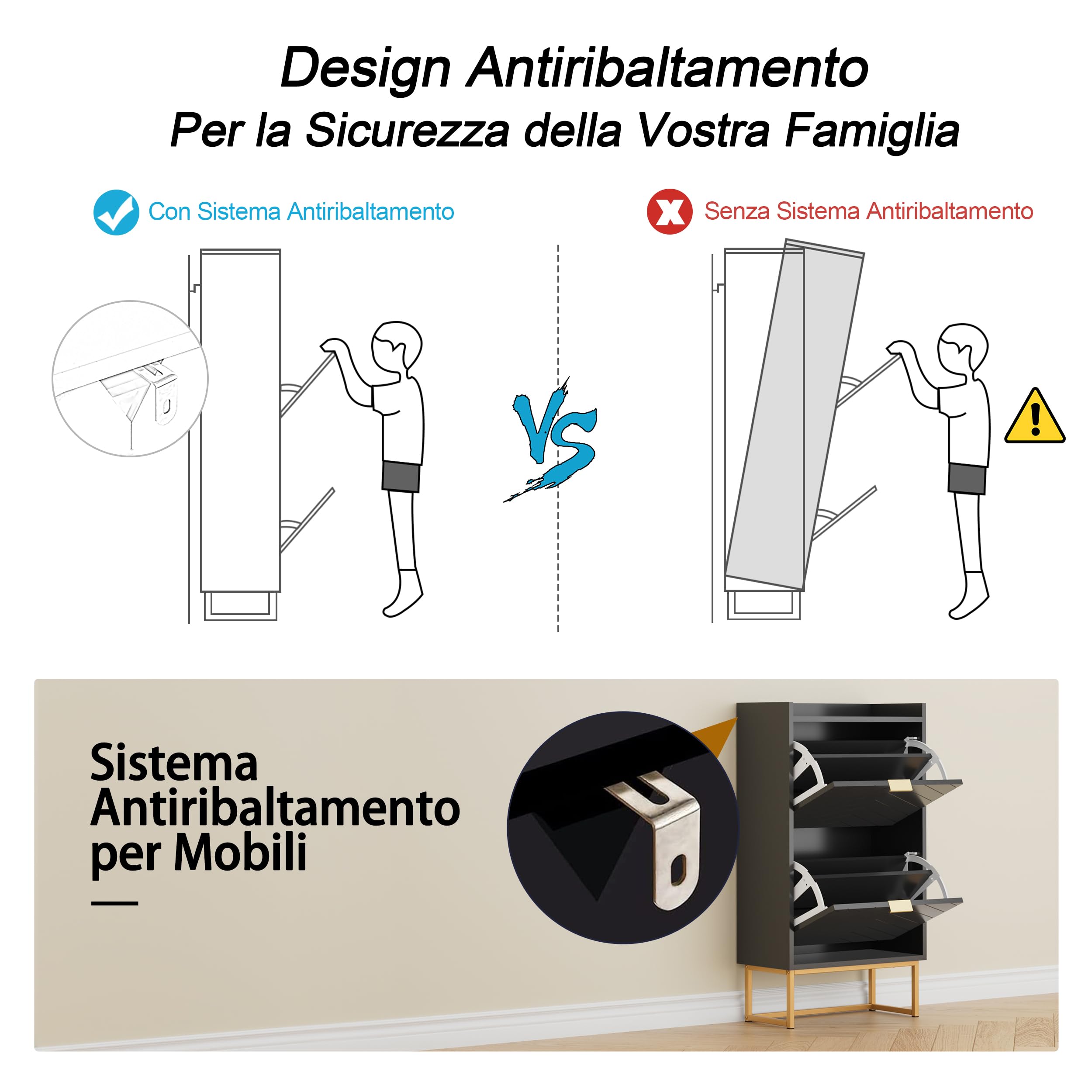 UEV Scarpiera, Scarpiera Basculante, con Soffitto con Recinzione, 2 Scomparti, Ripiano Rimovibile o Regolabile in 2 Posizioni, per Ingresso, Corridoio, 50x24x103,5 cm, Nero