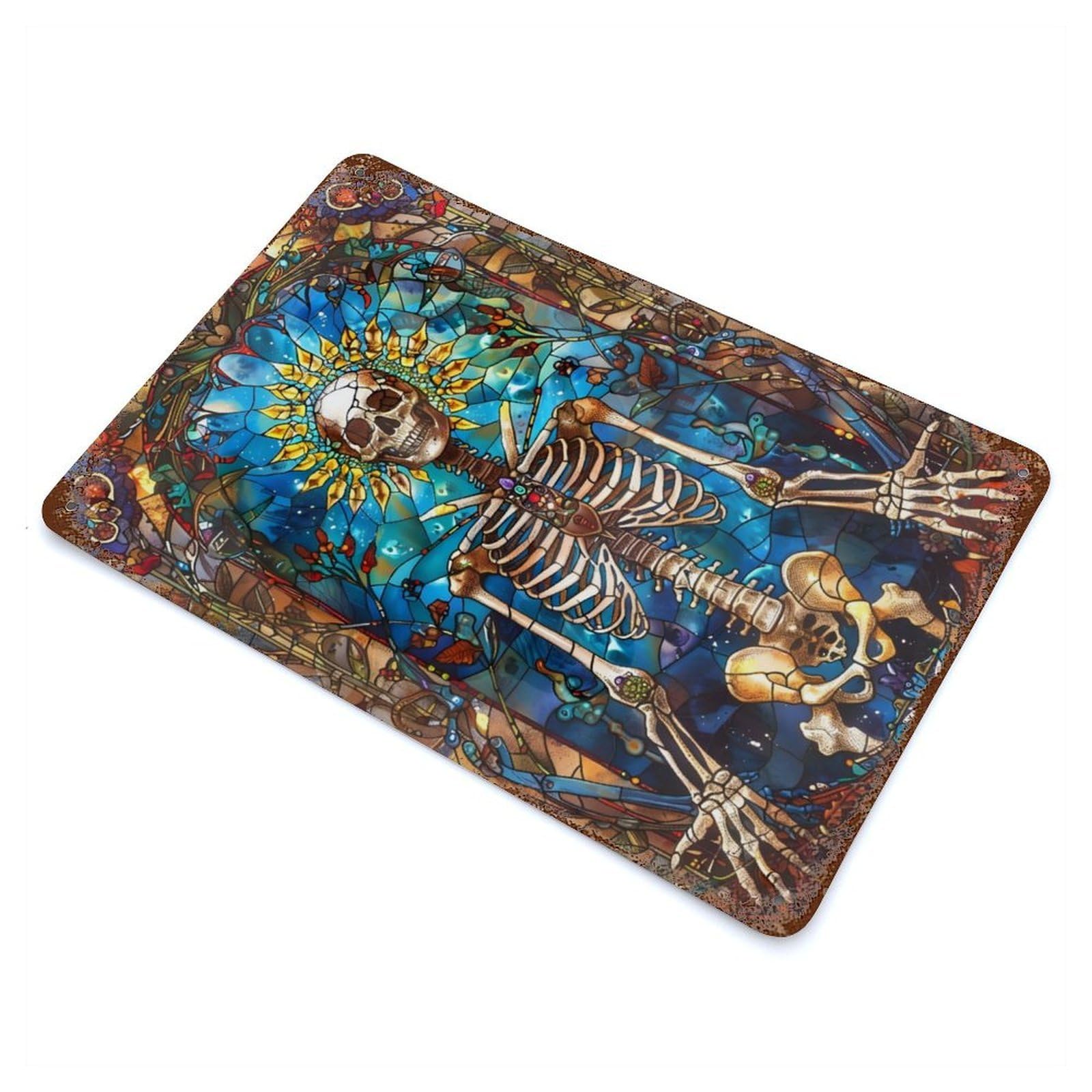 Skeleton Stained Glass Rusty Metal Tin Sign 11.8"x7.9", Classic Wall Plaque for Pub, Kitchen And Man Cave Decor
