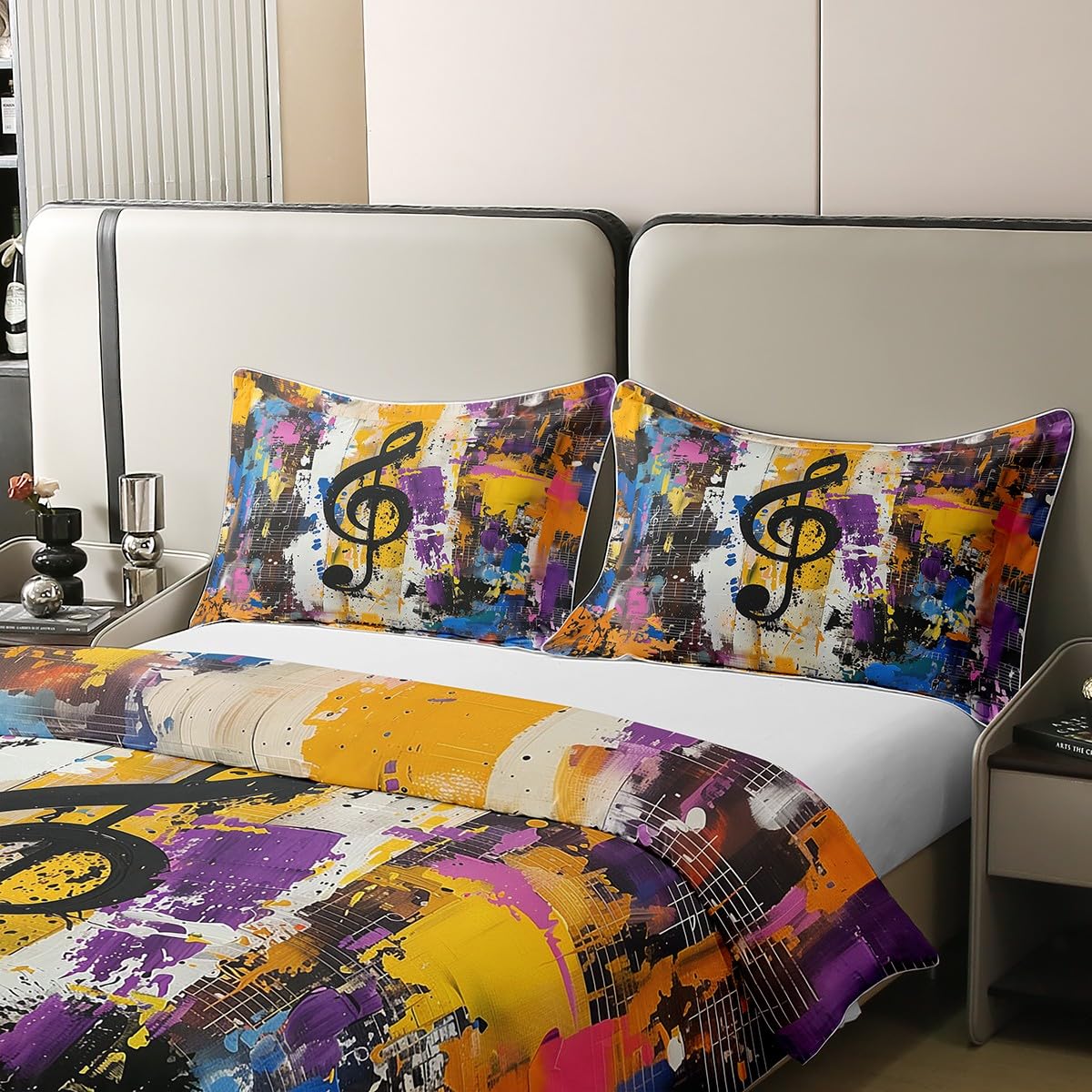 Notas musicales 100 % algodón natural edredón tamaño XL colorido arte callejero graffiti hippie ropa de cama juego de ropa de cama tema musical hip pop música colcha cubierta 3 piezas