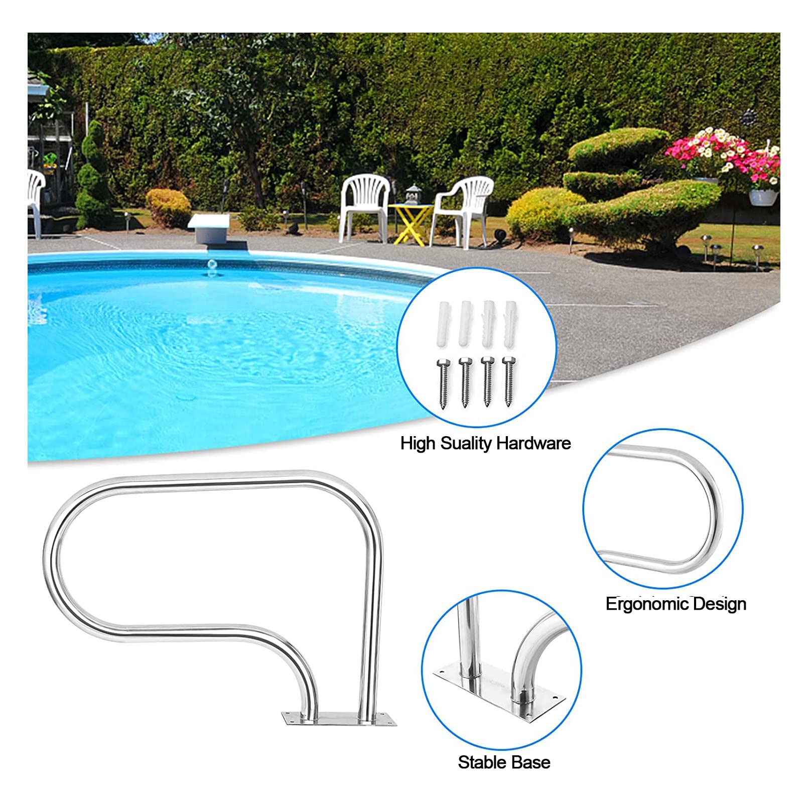 Barandilla de Piscina con Riel de Escalera de 3 Curvas para Parques Acuáticos, con Base de Montaje Rápido,O Inoxidable 304, 32"X22.5"/81X57Cm, 1 Pieza