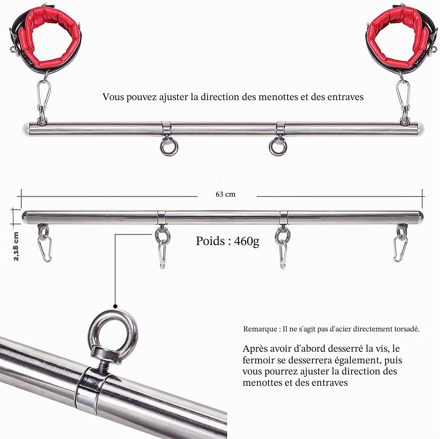 Barre de contrainte / bondage Barre d'écartement en métal réglable avec menottes pour poignets et chevilles