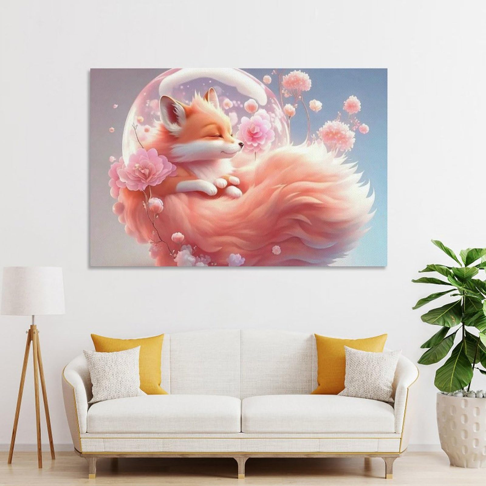 Amazon.co.jp: 絵画 ピンクの花の泡の中で眠るキツネインテリア 絵画