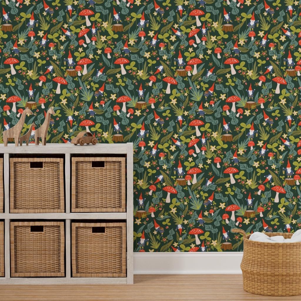 Peel & Stick Wallpaper 6ft x 2ft - Woodland Gnomes Small Gnome Garden Mushroom Mushrooms Red Forest Custom Removable Wallpaper by Spoonflower
