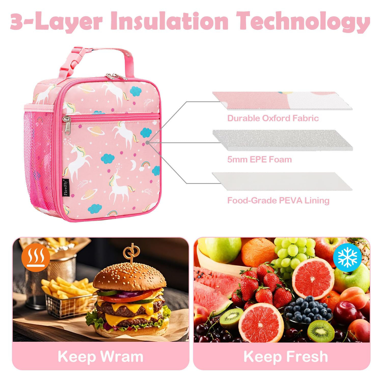 FlowFly Sac à déjeuner isotherme souple pour enfants - Pour la rentrée scolaire - Pour filles, garçons, licorne