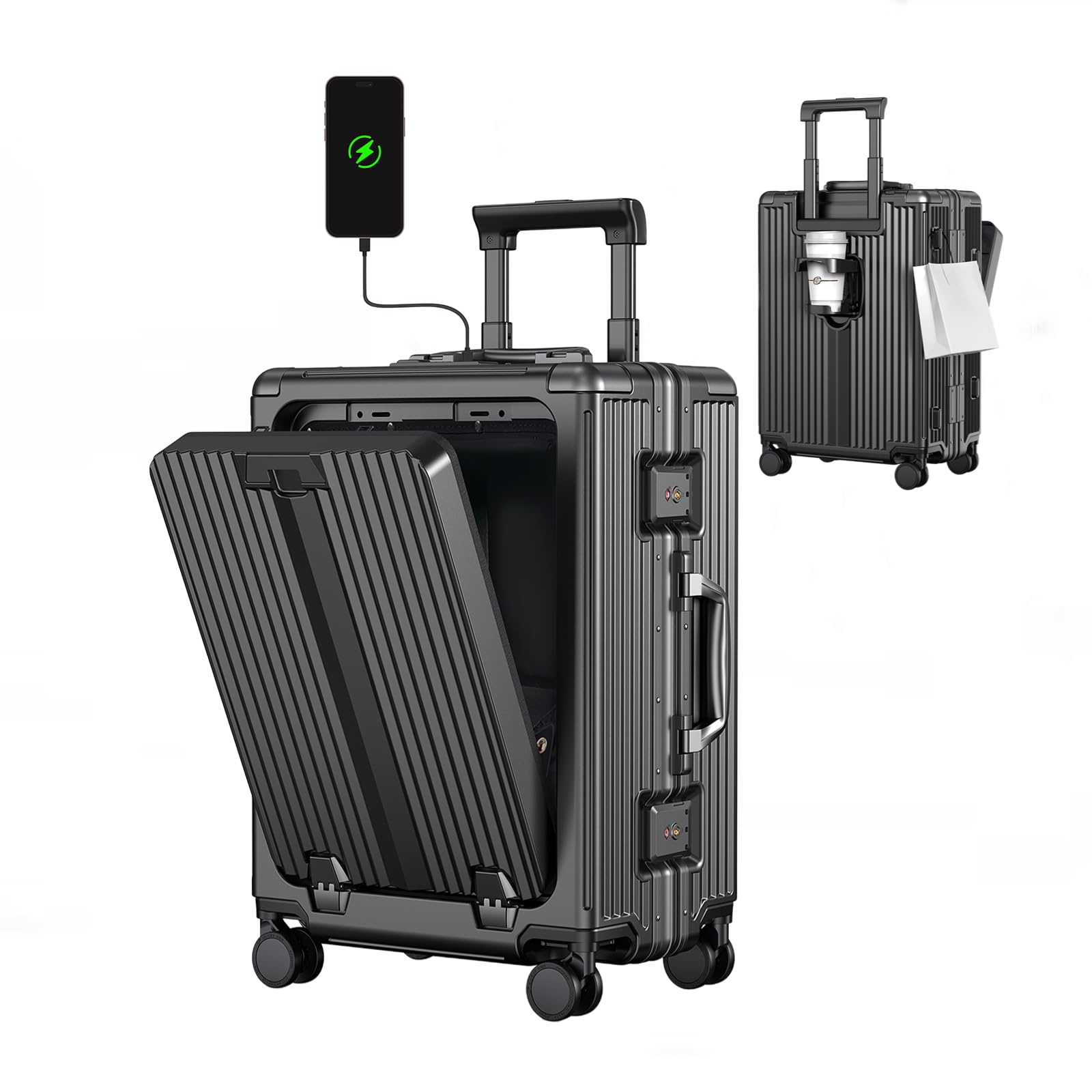 Photo 1 of Carry On Luggage, 22x14x9 Inch Airline Approved Aluminum Hard Shell Suitcase with Spinner Wheel, 2 USB Port, Front Laptop Compartment, Cup Holder, TSA Lock, Gift for American Business &Travel Black