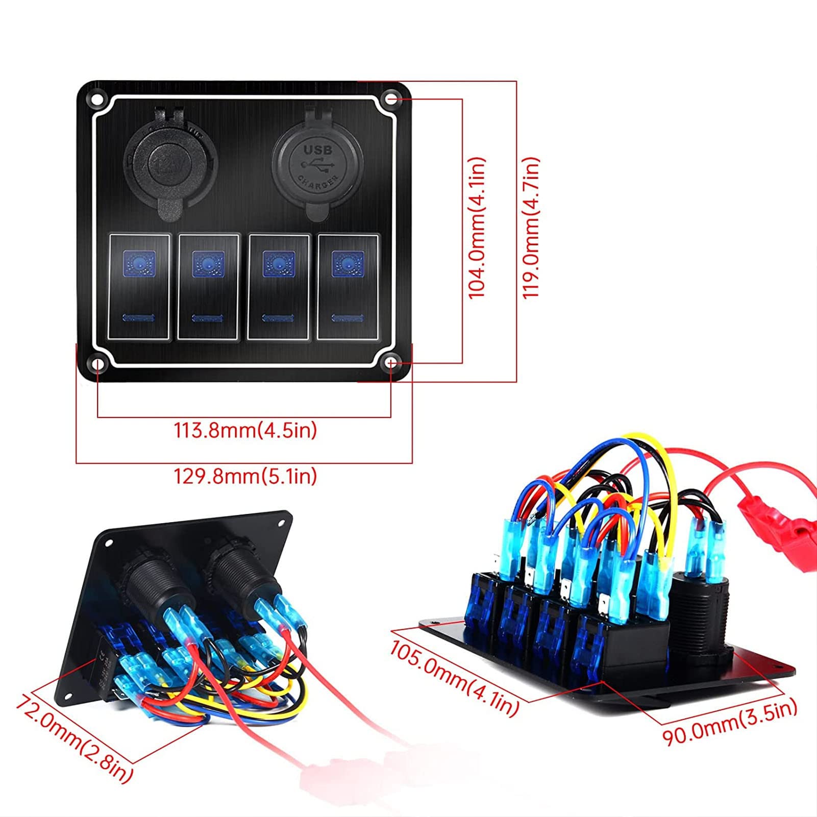 Rocker Switch Panel 4 Gang 12V/24V con Doble USB, Sobrecarga y Luz de Fondo Azul para Automóviles, Vehículos Recreativos, Remolques, UTVS